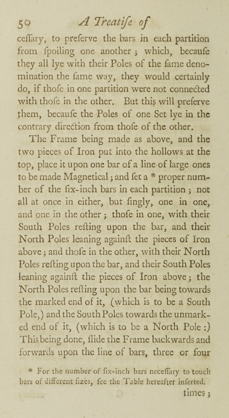 ceflfary, to preferve the bars in each partition from fpoiling one another 3 which, becaufe they all lye with their Poles of the fame deno¬ mination the fame way, they would certainly do, if thofe in one partition were not connected with thofe in the other. But this will preferve them, becaufe the Poles of one Set lye in the contrary direction from thofe of the other. The Frame being made as above, and the two pieces of Iron put into the hollows at the top, place it upon one bar of a line of large ones to be made Magnetical 3 and fet a * proper num¬ ber of the fix-inch bars in each partition 3 not all at once in either, but fingly, one in one, and one in the other 3 thofe in one, with their South Poles refting upon the bar, and their North Poles leaning againft the pieces of Iron above 3 and thofe in the other, with their North Poles refting upon the bar, and their South Poles leaning againft the pieces of Iron above 3 the North Poles refting upon the bar being towards the marked end of it, (which is to be a South Pole,) and the South Poles towards the unmark¬ ed end of it, (which is to be a North Pole :) This being done, Hide the Frame backwards and forwards upon the line of bars, three or four * For the number of fix-inch bars necefiary to touch bars of different fizes, fee the Table hereafter inferted. times $