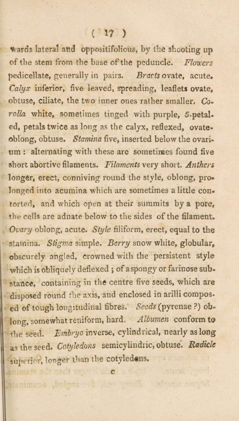 { 1? ) Wards lateral and oppositifolious, by the shooting up of the stem from the base of the peduncle. Flowers pedicellate, generally in pairs. Bracts ovate, acute® Calyx inferior, five leaved, spreading, leaflets ovate*, obtuse, ciliate, the two inner ones rather smaller. Co- rolla white, sometimes tinged with purple, 5-pefcal* ed, petals twice as long as the calyx, reflexed, ovate- oblong, obtuse. Stamina five, inserted below the ovari¬ um : alternating with these are sometimes found five short abortive filaments. Filaments very short. Anthers longer, erect, conniving round the style, oblong, pro® longed into acumina which are sometimes a little con® torted, and which open at their summits by a pore*, the cells are adnate below to the sides of the filaments Ovary oblong, acute. Style filiform, erect, equal to the stamina. Stigma simple. Berry snow white, globular, obscurely angled, crowned with the persistent style which is obliquely deflexed ; of a spongy or farinose sub® stance, containing in the centre five seeds, which are disposed round the axis, and enclosed in arilli compos¬ ed of tough longitudinal fibres. Seeds (pyrenae ?) ob¬ long, somewhat, reniform, hard. Albumen conform to ■the seed. Embryo inverse, cylindrical, nearly as long as the seed. Cotyledons semicylindrics obtuse* Radicle superior, longer than the cotyledons. c