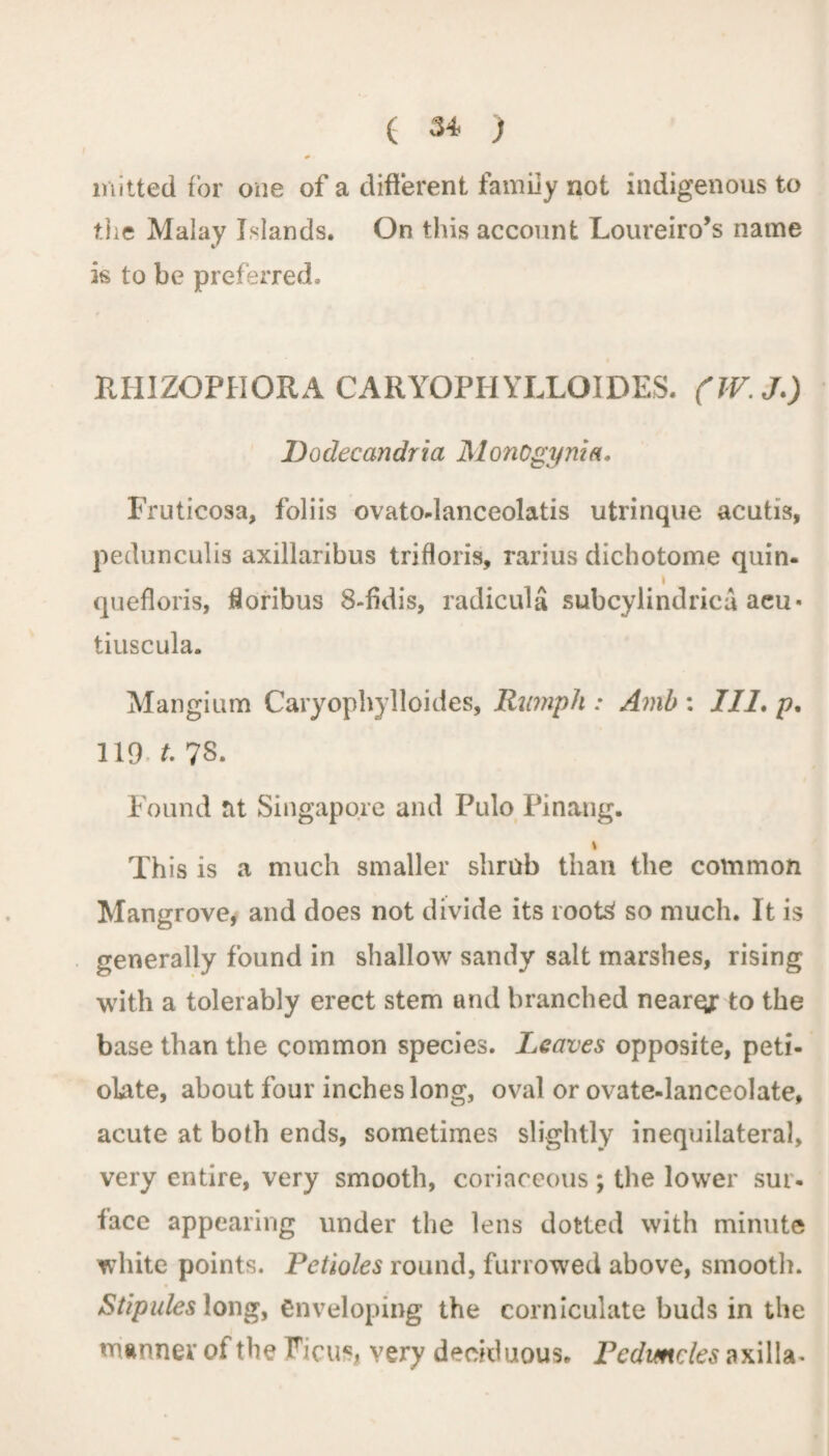 mitted for one of a different family not indigenous to the Malay Islands. On this account Loureiro’s name is to be preferred. RHIZOPHORA CARYOPHYLLOIDES. (IV. J.) Dodecandria Monogynia. Fruticosa, foliis ovatodanceolatis utrinque acutis, pedunculis axillaribus trifforis, rarius dichotome quin- i quefloris, fforibus 8-fidis, radicula subcylindrica aeu« tiuscula. Mangium Caryophylloides, Humph : Amb : III. p. 119 t. 78. Found at Singapore and Pulo Pinang. i This is a much smaller shrub than the common Mangrove, and does not divide its root3 so much. It is generally found in shallow sandy salt marshes, rising with a tolerably erect stem and branched nearqjr to the base than the common species. Leaves opposite, peti- olate, about four inches long, oval or ovate-lanceolate, acute at both ends, sometimes slightly inequilateral, very entire, very smooth, coriaceous ; the lower sur¬ face appearing under the lens dotted with minute white points. Petioles round, furrowed above, smooth. Stipules long, enveloping the corniculate buds in the manner of the Ficus, very deciduous. Pcdmcles axilla-