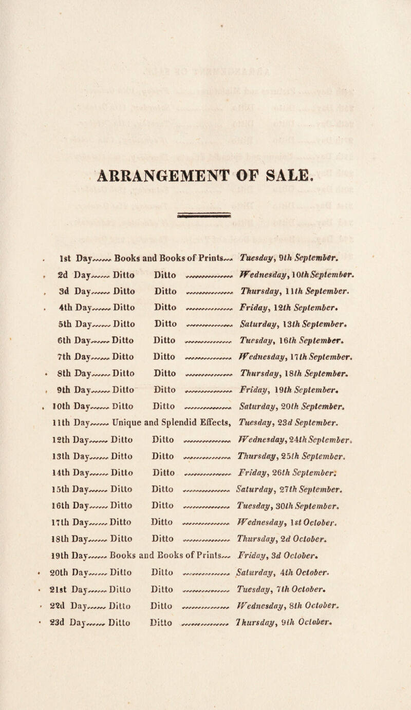 ARRANGEMENT OF SALE. 1st Day Books and Books of Prints 2d Day Ditto Ditto 3d Day Ditto 4th Day Ditto 5th Day Ditto 6th Day Ditto 7th Day Ditto 8th Day~^~ Ditto 9th Day Ditto 10th 13ijw^vna Ditto 11th D 3.y /w/w . Uniqu 12th Dfly^w/vv Ditto 13th D fly ,^//w Ditto 14th 13 ay/w/w Ditto 15th 33 fly^wA^- Ditto 16th D ay ✓w/w Ditto 17 til Day /w/w Ditto 18 th Da} Ditto 19th D ay Books 20th DflV-^A//^/ Ditto 21st Day Ditto 2 2d D ay i/^/tw Ditto 23d D a} Ditto Ditto Ditto Ditto Ditto Ditto Ditto Ditto Ditto md Sple Ditto Ditto Ditto Ditto Ditto Ditto Ditto id Book Ditto Ditto Ditto Ditto ys/N* iWWWWrfW i/v^* y\^y <r^f j>**\ «/%*✓ *s/\* */N/^avN^\*\r</v\^./vs/» i/w/w/A/ ./vs* WV W\//W/V///J1 Tuesday, 9Z/t September. Wednesday, 10 th September. Thursday, l\th September, Friday, 12th September* Saturday, ISlh September. Tuesday, 16th September. Wednesday, 1T Z/t September. Thursday, 18ZA September. Friday, ISHh September* Saturday, 20tk September. Tuesday, 236? September. Wednesday, 24Z/i September» Thursday, 25Z& September, Friday, 26ZZZ September. Saturday, 27th September, Tuesday, 30Z/i September. Wednesday, 1st October. Thursday, 2<2 October. Friday, 36? October• Saturday, 4Z& October. Tuesday, 7Z& October• Wednesday, 8Z/i October. Thursday, 9t7t October.