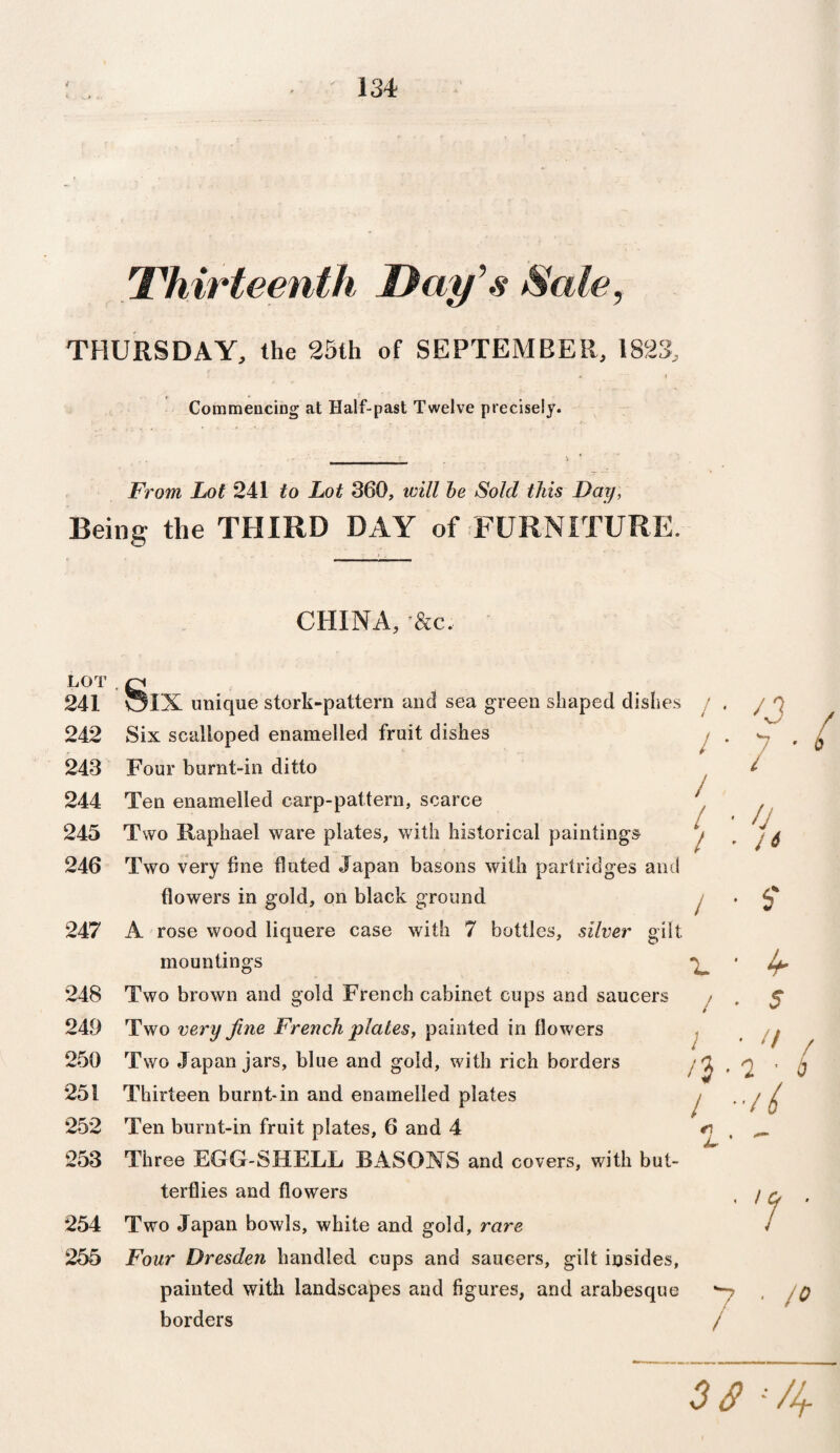 Thirteenth Day’s Sale, THURSDAY, the 25th of SEPTEMBER, 1823, Commencing at Half-past Twelve precisely. From Lot 241 to Lot 360, will be Sold this Day, Being the THIRD DAY of FURNITURE. LOT 241 242 243 244 245 246 247 248 249 250 251 252 253 254 255 CHINA, 'See. Six unique stork-pattern and sea green shaped dishes Six scalloped enamelled fruit dishes Four burnt-in ditto Ten enamelled carp-pattern, scarce Two Raphael ware plates, with historical paintings Two very fine fluted Japan basons with partridges and flowers in gold, on black ground A rose wood liquere case with 7 bottles, silver gilt mountings / / / l i i A n Two brown and gold French cabinet cups and saucers Two very fine French plates, painted in flowers Two Japan jars, blue and gold, with rich borders /* Thirteen burnt-in and enamelled plates Ten burnt-in fruit plates, 6 and 4 Three EGG-SHELL BASONS and covers, with but¬ terflies and flowers Two Japan bowls, white and gold, rare Four Dresden handled cups and saucers, gilt insides, painted with landscapes and figures, and arabesque borders / /J ; ' u ■ Jt • S' • 4- • 5 • // -2 • -tl £ / •7 i° 3d 1 /If-