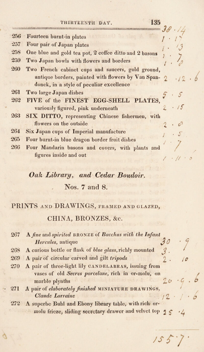 256 Fourteen burnt-in plates *257 Four pair of Japan plates 258 One blue and gold tea pot, 2 coffee ditto and 2 basons 259 Two Japan bowls with flowers and borders 260 Two French cabinet cups and saucers, gold ground, antique borders, painted with flowers by Van Span- donck, in a style of peculiar excellence 261 Two large Japan dishes 262 FIVE of the FINEST EGG-SHELL PLATES, variously figured, pink underneath 263 SIX DITTO, representing Chinese fishermen, with flowers on the outside 264 Six Japan cups of Imperial manufacture 265 Four burnt-in blue dragon border fruit dishes 266 Four Mandarin basons and covers, with plants and figures inside and out JeP ■ i ■ r' i • 'J 1 ' 7 / • v 2 • / 2 f ■ * 2 • if Oak Library, and Cedar Boudoir. Nos. 7 and 8. PRINTS AND DRAWINGS, FRAMED AND GLAZED, CHINA, BRONZES, &c. 267 A fine and spirited bronze of Bacchus with the Infant Hercules, antique $ 0 268 A curious bottle or flask of blue glass, richly mounted ^ , 269 A pair of circular carved and gilt tripods ; 270 A pair of three-light lily candelabras, issuing from vases of old Sevres porcelane, rich in or-molu, on marble plynths 2, 0 271 A pair of elaborately finished miniature DRAWINGS, Claude Lorraine / 2 r 272 A superbe Buhl and Ebony library table, with rich or¬ molu frieze, sliding secretary drawer and velvet top j / 10 £ / b js y ■