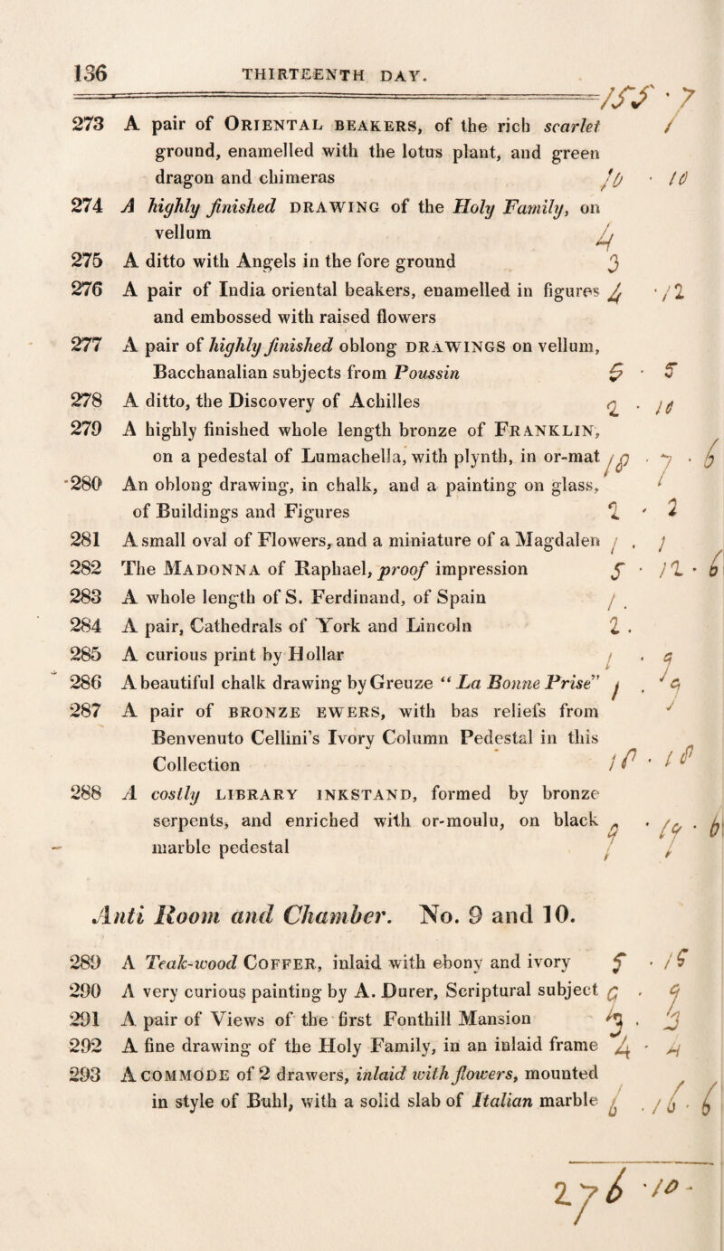 273 274 275 276 277 278 279 *280 281 282 283 284 285 286 287 4 A pair of Oriental beakers, of the rich scarlet ground, enamelled with the lotus plant, and green dragon and chimeras J(j A highly finished DRAWING of the Holy Family, on vellum A ditto with Angels in the fore ground $ A pair of India oriental beakers, enamelled in figures ^ and embossed with raised flowers A pair of highly finished oblong DRAWINGS on vellum, Bacchanalian subjects from Poussin £ A ditto, the Discovery of Achilles ^ A highly finished whole length bronze of Franklin, on a pedestal of Lumachella, with plynth, in or-mat j p An oblong drawing, in chalk, and a painting on glass, of Buildings and Figures 2 A small oval of Flowers, and a miniature of a Magdalen The Madonna of Raphael, proof impression A whole length of S. Ferdinand, of Spain A pair, Cathedrals of York and Lincoln 2 • A curious print by Hollar A beautiful chalk drawing by Greuze “La Bonne Prise'’ j A pair of bronze EWERS, with bas reliefs from Benvenuto Cellini’s Ivory Column Pedestal in this Collection /1 costly library inkstand, formed by bronze serpents, and enriched with or-moulu, on black marble pedestal A 9 Anti Room and Chamber. No. 9 and 10. 289 A Tealc-wood Coffer, inlaid with ebony and ivory f 290 A very curious painting by A. Durer, Scriptural subject q 291 A pair of Views of the first Fonthill Mansion ^ 292 A fine drawing of the Holy Family, in an inlaid frame 293 A commode of 2 drawers, inlaid with flowers, mounted in style of Buhl, with a solid slab of Italian marble ^ zy 6
