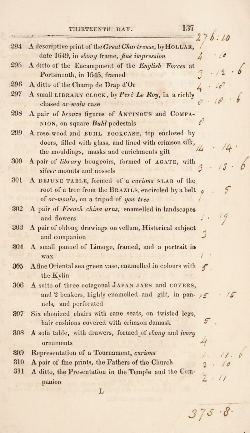 294 A descriptive print of the Great Chartreuse, byHoLLAR, date 1649, in ebony frame, fine impression 295 A ditto of the Encampment of the English Forces at Portsmouth, in 1545, framed 296 A ditto of the Champ de Drap d’Or 297 A small library clock, by Fere Le Roy, in a richly chased or-molu case 298 A pair of bronze figures of Antinous and Compa¬ nion, on square Buhl pedestals 299 A rose-wood and buhl bookcase, top enclosed by doors, filled with glass, and lined with crimson silk, the mouldings, masks and enrichments gilt 300 A. pair of library bougeoirs, formed of AGATE, with silver mounts and nossels SOI A dejune table, formed of a curious SLAB of the b; 10 302 303 304 305 306 of or-moulu, on a tripod of yew tree A pair of French china urns, enamelled in landscapes and flowers A pair of oblong drawings on vellum, Historical subject and companion A small pannel of Limoge, framed, and a portrait in wax A fine Oriental sea green vase, enamelled in colours with the Kylin A suite of three octagonal Japan JARS and COVERS, nels, and perforated 307 Six ebonized chairs with cane seats, on twisted legs, hair cushions covered with crimson damask 308 A sofa table, with drawers, formed of ebony and ivory ornaments 309 Representation of a Tournament, curious 310 A pair of fine prints, the Fathers of the Church 311 A ditto, the Presentation in the Temple and the Com¬ panion L 4 ' // n ■ /% • t> v' 4 ' if * cP ■ if ■ l f /it • /if- 5 ■ /$ ' L 9 ■ f / i 14 / SJ J 1 / - (S’ ■ /i T / A ■ / / , //• 1) i . / O l ’ // 3JS S