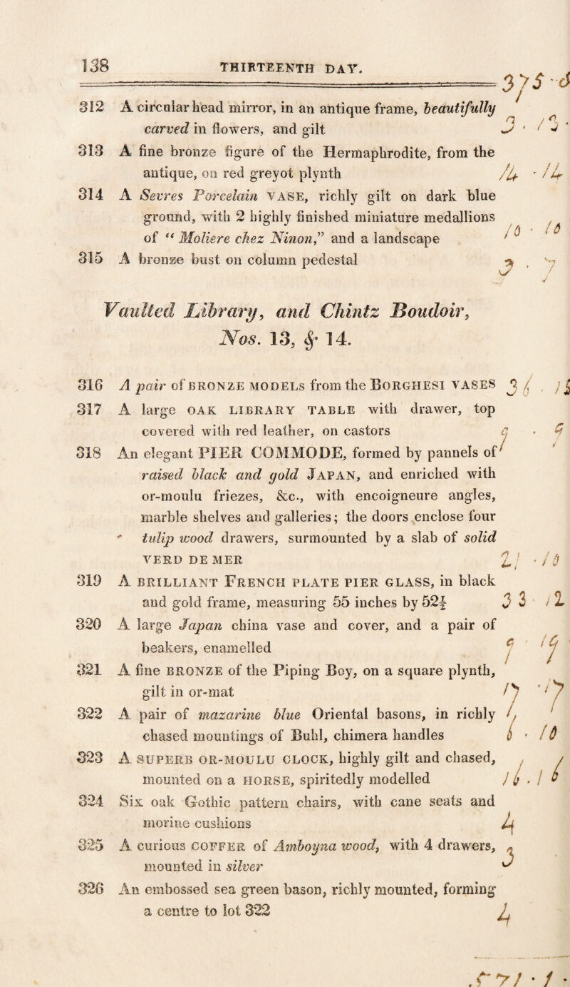 312 A circular head mirror, in an antique frame, beautifully 3JS cS a carved in flowers, and gilt 313 A fine bronze figure of the Hermaphrodite, from the antique, on red greyot plynth /% 314 A Sevres Porcelain VASE, richly gilt on dark blue ground, with 2 highly finished miniature medallions of ee Moliere chez Ninon,” and a landscape i n i 5 - 0 ' 16 315 A bronze bust on column pedestal * \S V Vaulted Library, and Chintz Boudoir, Nos. 13, &f 14. 316 317 A pair of bronze models from the Borghesi VASES ^ / A large oak library table with drawer, top i covered with red leather, on castors Q 318 7 319 320 321 322 323 324 325 326 An elegant PIER COMMODE, formed by pannels of raised black and gold Japan, and enriched with or-moulu friezes, &c., with encoigneure angles, marble shelves and galleries; the doors enclose four * tulip wood drawers, surmounted by a slab of solid VERB DE MER A brilliant French plate pier glass, in black and gold frame, measuring 55 inches by 52f j t A large Japan china vase and cover, and a pair of beakers, enamelled A fine bronze of the Piping Boy, on a square plynth. e i it • il l ( gilt in or-mat n 'J A pair of mazarine blue Oriental basons, in richly chased mountings of Buhl, chimera handles A superb or-moulu clock, highly gilt and chased, mounted on a horse, spiritedly modelled Six oak Gothic pattern chairs, with cane seats and morine cushions Jj A curious coffer of Amboyna wood, with 4 drawers, * mounted in silver ^ An embossed sea green bason, richly mounted, forming a centre to lot 322 i ■ A ■ 16 ,/ .ow • /