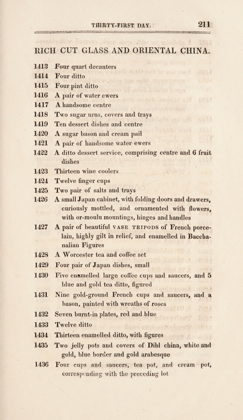 RICH CUT GLASS AND ORIENTAL CHINA. 1413 Four quart decanters 1414 Four ditto 1415 Four pint ditto 1416 A pair of water ewers t 1417 A handsome centre 1418 Two sugar urns, covers and trays 1419 Ten dessert dishes and centre 1420 A sugar bason and cream pail 1421 A pair of handsome water ewers 1422 A ditto dessert service, comprising centre and 6 fruit dishes 1423 Thirteen wine coolers 1424 Twelve finger cups 1425 Two pair of salts and trays 1426 A small Japan cabinet, with folding doors and drawers, curiously mottled, and ornamented with flowers, with or-moulu mountings, hinges and handles 1427 A pair of beautiful vase tripods of French porce¬ lain, highly gilt in relief, and enamelled in Baccha¬ nalian Figures 1428 A Worcester tea and coffee set 1429 Four pair of Japan dishes, small 1430 Five enamelled large coffee cups and saucers, and 5 blue and gold tea ditto, figured 1431 Nine gold-ground French cups and saucers, and a bason, painted with wreaths of roses 1432 Seven burnt-in plates, red and blue 1433 Twelve ditto 1434 Thirteen enamelled ditto, with figures 1435 Two jelly pots and covers of Dihl china, white and gold, blue border and gold arabesque 1436 Four cups and saucers, tea pot, and cream pot, corresponding with the preceding lot