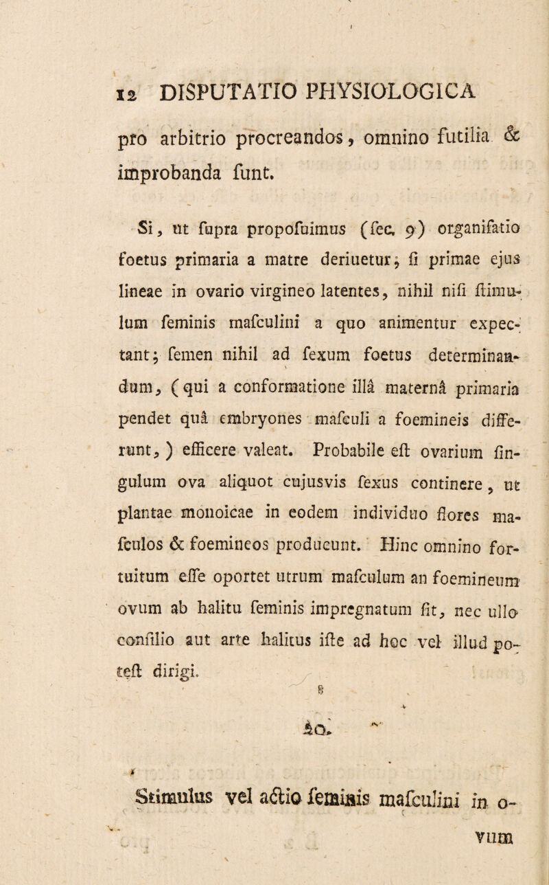 I is DISPUTATIO PHYSIOLOGICA pro arbitrio procreandos, omnino futilia & improbanda funtr. Si, ut fupra propofuimus (Tea 9) organifatio foetus primaria a matre deriuetur, fi primae ejus lineae in ovario virgineo latentes, nihil nifi fiimu- lum feminis mafculini a quo animentur expec- tant; femen nihil ad fexum foetus determinaa- > dum, (qui a conformatione illa materni primaria pendet qua embryones mafeuli a foemineis diffe¬ runt, ) efficere valeat. Probabile efl: ovarium fin- gulum ova aliquot cujusvis fexus continere , ut plantae monoicae in eodem individuo flores ma- feulos & foemineos producunt. Hinc omnino for¬ tuitum effe oportet utrum mafculum an foemineuni ovum ab halitu feminis imprcgnatum fit, nec ullo coniilio aut arte halitus ifte ad hoc vel illud po~ £eft dirigi. i io. Stimulus vel a<5tio feminis mafculiai in o- vum