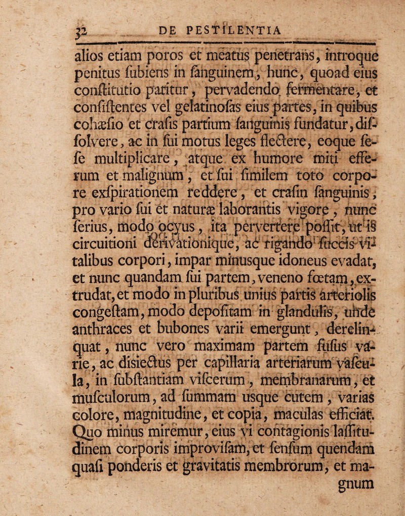 alios etiam poros et meatus penetrans, inrroque penitus fubiens in fanguinem, hunc , quoad eius cpnftitutio patitor, pervadendo, fermentare, et confidentes vel gelatinofas eius partes , in quibus cohaffio et crafis partium fanguinis fundatur, dif- folvere, ac in fui motus leges fleftere, eoque fc- fe multiplicare, atque ex humore miti effe¬ rum et malignum', et fui fimilem toto corpo-* re exfpirationem reddere, et crafin fanguinis, pro vario fui et naturas laborantis vigore, nunc et nunc quandam fui partem, veneno foetam,ex¬ trudat, et modo in pluribus unius partis arteriolis congeftam, modo depofitam in glandulis, uhde anthraces et bubones varii emergunt, derelfe quat, nunc vero maximam partem fiifiis va¬ rie, ac disie&us per capillaria arteriarum v&feu- Ia, in fubflantiam vifcerum , membranarum, et mufculorum, ad fummam usque cutem, varias colore, magnitudine, et copia, maculas efficiat. Quo minus miremur, eius vi contagionis laflitu- dinem corporis improvifam, et fertfum quendam quafi ponderis et gravitatis membrorum, et ma¬ gnum , ut : idoneus evadat, ferius, modc^ocyus, ita perver circuitioni dM^kionique, ad ri talibus corpori, impar minusque