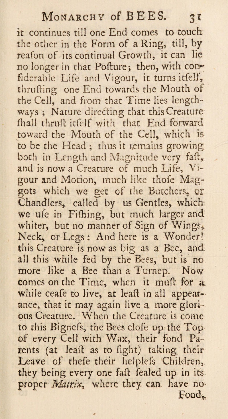 it continues till one End comes to touch the other in the Form of a Ring, till, by reafon of its continual Growth, it can lie no longer in that Pofture; then, with con* fiderable Life and Vigour, it turns ltfelf, thru [ling one End towards the Mouth ol the Cell, and from that Time lies length¬ ways ; Nature directing that this Creature fhall thrud itfelf with that End forward toward the Mouth of the Cell, which is to be the Head ; thus it remains growing both in Length and Magnitude very fail, and is now a Creature of much Life, Vi¬ gour and Motion, much like thofe Mag¬ gots which we get of the Butchers, or Chandlers, called by us Gentles, which we ufe in Fifhing, but much larger and whiter, but no manner of Sign of Wings, Neck, or Legs: And here is a Wonder! this Creature is now as big as a Bee, and all this while fed by the Bees, but is no more like a Bee than a Turnep. Now eomes on the Time, when it mull for a while ceafe to Jive, at leaf! in all appear* ance, that it may again live a more glori¬ ous Creature. When the Creature is come to this Bignefs, the Bees clofe up the Top of every Cell with Wax, their fond Pa¬ rents (at lead as to fight) taking their Leave of thefe their heiplefs Children, they being every one fad fealed up in its proper Matrix, where they can have no* F ood^