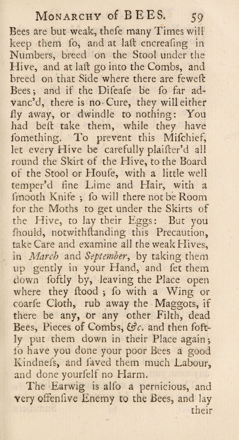 Bees are but weak, thefe many Times will keep them fo, and at laft encreafmg in Numbers, breed on the Stool under the Hive, and at laft go into the Combs, and breed on that Side where there are feweft Bees; and if the Difeafe be fo far ad¬ vanc’d, there is no-Cure, they will either fly away, or dwindle to nothing: You had beft take them, while they have fomething. To prevent this Mifchief, let every Hive be carefully plaifter’d all round the Skirt of the Hive, to the Board of the Stool or Houfe, with a little well temper’d fine Lime and Hair, with a fmooth Knife ; fo will there not be Room for the Moths to get under the Skirts of the Hive, to lay their Eggs: But you fhould, notwithftanding this Precaution, take Care and examine all the weak Hives, in March and September, by taking them up gently in your Hand, and fet them down foftly by, leaving the Place open where they flood ; fo with a Wing or coarfe Cloth, rub away the Maggots, if there be any, or any other Filth, dead Bees, Pieces of Combs, &c. and then foft» ly put them down in their Place again; fo have you done your poor Bees a good Kindnefs, and laved them much Labour, and done yourfelf no Harm. The Earwig is alfo a pernicious, and very ofFenfive Enemy to the Bees, and lay their