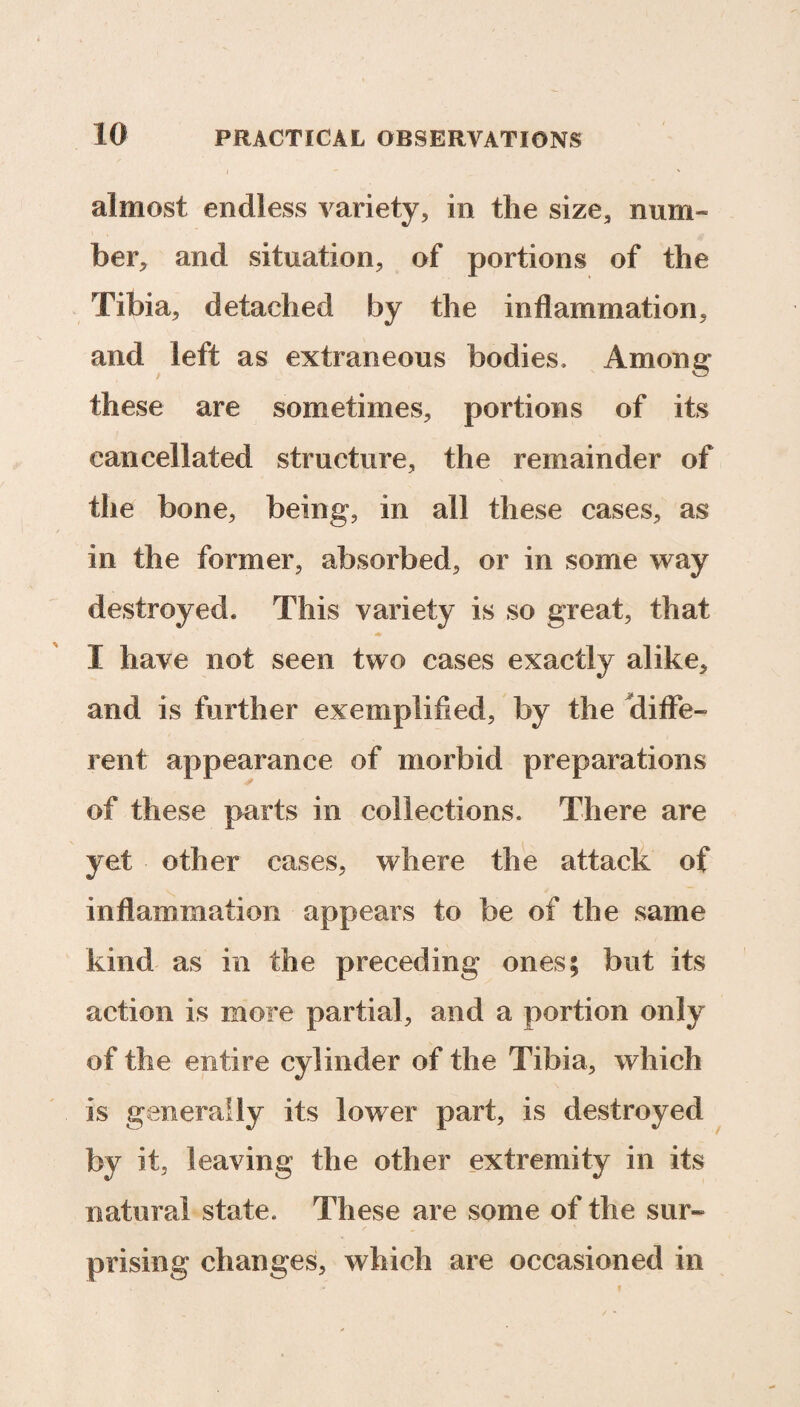 almost endless variety, in the size, num- her, and situation, of portions of the Tibia, detached by the inflammation, and left as extraneous bodies. Among these are sometimes, portions of its cancellated structure, the remainder of the bone, being, in all these cases, as in the former, absorbed, or in some way destroyed. This variety is so great, that I have not seen two cases exactly alike, and is further exemplified, by the diffe¬ rent appearance of morbid preparations of these parts in collections. There are v - I S yet other cases, where the attack of inflammation appears to be of the same kind as in the preceding ones; but its action is more partial, and a portion only of the entire cylinder of the Tibia, which is generally its lower part, is destroyed by it, leaving the other extremity in its natural state. These are some of the sur¬ prising changes, which are occasioned in