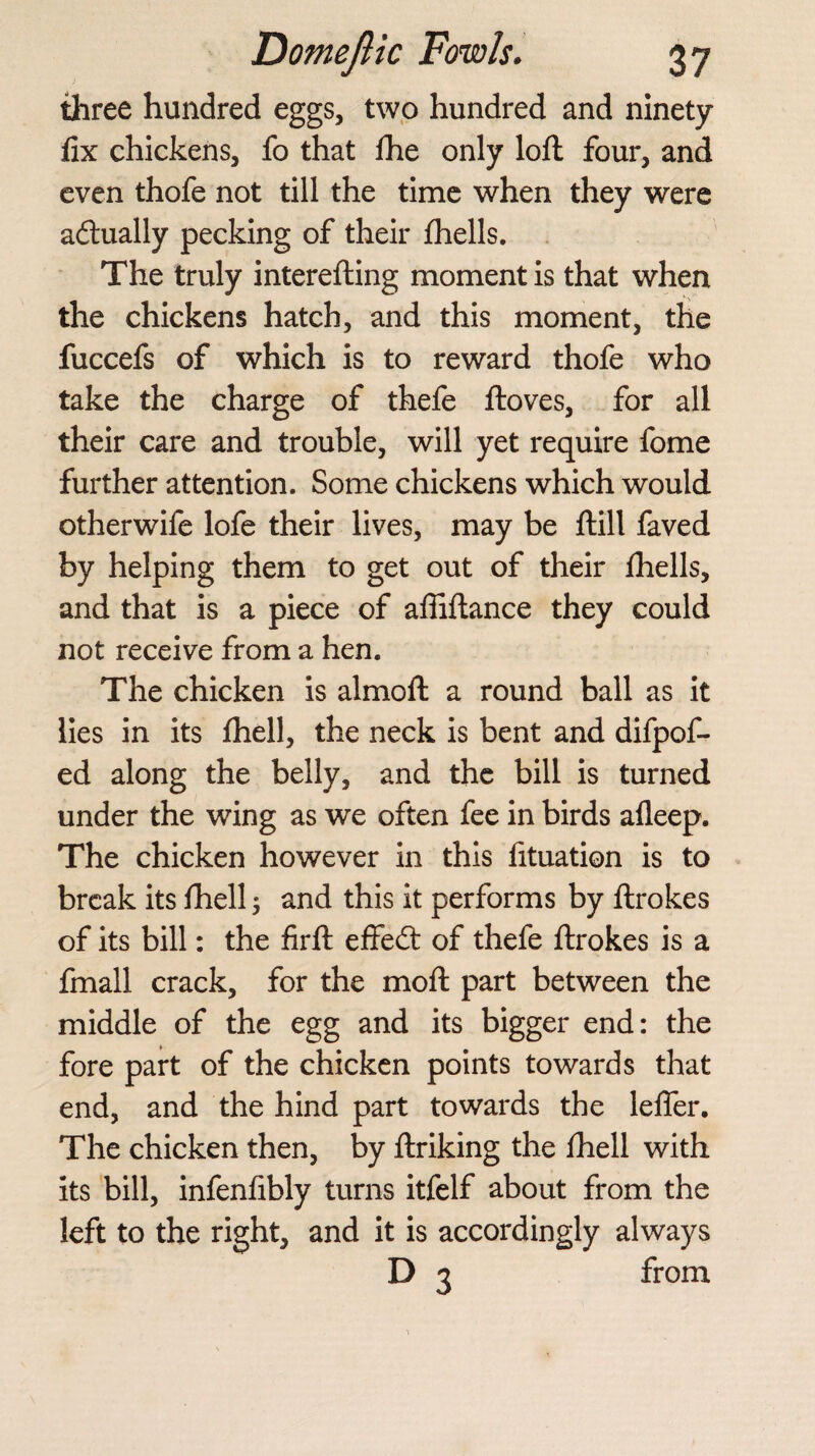 three hundred eggs, two hundred and ninety fix chickens, fo that fhe only loft four, and even thofe not till the time when they were a&ually pecking of their fhells. The truly interefting moment is that when the chickens hatch, and this moment, the fuccefs of which is to reward thofe who take the charge of thefe ftoves, for all their care and trouble, will yet require fome further attention. Some chickens which would otherwife lofe their lives, may be ftill faved by helping them to get out of their fhells, and that is a piece of affiftance they could not receive from a hen. The chicken is almoft a round ball as it lies in its fhell, the neck is bent and difpof- ed along the belly, and the bill is turned under the wing as we often fee in birds afleep. The chicken however in this fituation is to break its fhell 3 and this it performs by ftrokes of its bill: the firft effedt of thefe ftrokes is a fmall crack, for the moft part between the middle of the egg and its bigger end: the fore part of the chicken points towards that end, and the hind part towards the lefier. The chicken then, by ftriking the fhell with its bill, infenfibly turns itfelf about from the left to the right, and it is accordingly always D 3 from