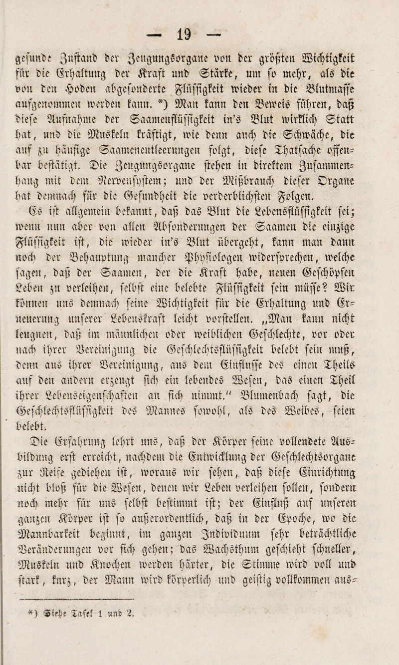 gefimbe ßnftanb ber ßcitgungSorgaite eon bcr größten SBicbtigfeit für Me (Erhaltung ber straft unb Stärfe, um fo mehr, alb Me neu beu .00beit abgefonberte gdiifjtgfcit triebet in bie Slutmaffe ausgenommen werbe« fanu. *) SJtau fann beu Semete führen, baf Mefe Slufnahme bcr Saameupfjtgfeii in’3 Slut mtrfltdj Statt bat, unb bte Stub fein kräftigt, tute beim and) Me Schwäche, bie auf $u häufige Saamenentleerungen folgt, biefe Xfjatfacfc offen¬ bar beftätigt. Sie 3cu3tmg§evgane ft eben tu Mrcftem ßufammen- bang mit bem Scroenfpftem; unb ber Stifbrand) biefet Organe hat benutad) für bte Gefunblicit bic perberblid)fteu folgen. Gv ift allgemein befanut, baft baö Slut bie gebenSpfftgfeit fei; menu mm aber tunt alien Qlbfonbenmgen ber Saarn eit bie einige ^lüfftgfeit ift, bie mtebet in’ö Slut übergebt, tarnt man bautt noch ber Sehauptung mancher tphpftologen miberfpredjett, welche fageit, bajj ber ©aameit, ber bic straft habe, neuen ©efchöpfeit geben 51t oerfcibcit, felbft eine belebte ^lüffigteit fein raüffe? SBit f ernten uns bcmuach feine SMditigfcit für bte (Erhaltung unb (Er- neuenmg nuferer SebeitSfraft leid)t porftcllen. „Stau tarnt md)t leugnen, baft im mäitulict)cu ober met blich eit ©efcbledjte, per aber nach ihrer Sereinigmtg bie ©efdvlednSflüffigfeü belebt fein ntu§f beim au5 ihrer Screintgung, aus beut Gittflitffe be§ einen Xl)eilS auf beu aubevit erzeugt ftch ein lebcnbeS SBefen, baö einen Xl)eif ihrer gebenbeigeitfchafteit an ftch nimmt, Slumenbad) fagt, bte Gxfddedpflüfftgfeit be§ Staunen fomohl, als beo Leibes, feien belebt. Sie (Erfahrung lehrt uns, baft ber Körper feine pollenbeie bilbuug erft erreicht, ltacbbem bte (Entmicfluug ber (gefchleditSorgaitc gur dteife gebiel)en ift, moraitS mir fel)cn,. baf; biefe (Einrichtung nicht blof für bie SBcfen, bencu mir geben ectleibeu follett, foubent noch mehr für uns felbft beftimmt ift; ber (Etnflttf auf nuferen ganzen Körper ift fo auf ererb entlieh, baf in bcr (Epoche, me bie Stannbarfeit beginnt, im ganzen ßttMotbuum fehr beträchtliche Seränberungen Per ftd) gehen; bas SSacbstlmm gefd)ieht fchneller, Sin Mein unb Änodfett merben härter, bte Stimme mirb pell unb frarf, fttr§, ber Staun mirb förmlich unb geifttg eollfommeu auS- *) 3trbt Zaft! l «ab 2.