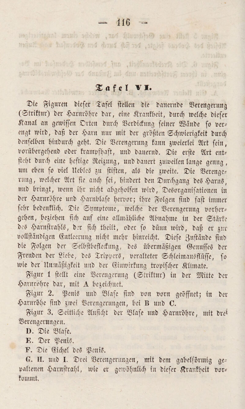 Xa fei vi. T>te Figuren btefer Tafel fieden bfc baiternbe Verengerung (©triftur) ber ^arnröbre bar, eine ÄranfBeit, burcf) welche btefer total an gewiffen Orten burcf? Verbicfung feiner SGBanbe fo ver¬ engt wirb, baf ber #arn mtr mit ber größten ©cfwierigfett burd) benfefben binburcf? geht. -Die Verengerung !ann zweierlei 2frt fein, oorübergehenb ober tramp ff) aft, unb baiternb. -Die erfte 51rt ent- ttebt burcf? eine heftige fJteijung, unb bauert zuweifen lange genug, um eben fo oiel Itebfeb gu ftiften, alb bie zweite. Oie Verenge^ rung, welcher 3lrt fte aud) fei, Bfnbert ben Ottrchgang beb^arnb, unb bringt, menu if)r nicht abgeholfen tt>irb, Oeborganifationen in ber ftarnröbre unb fmrublafe beroor; ihre folgen ftnb fafi immer ]ebr bebenffid). Oie ©pmptome, toefebe ber Verengerung Dörfer* gef)en, beheben fiel) auf eine aflmüfftefe Slbitafme in ber Starte beb .^arnfrablb, ber ftef) tBeift, ober fo bönn wirb, baß er gnr ooflfänbtgen (Entleerung nteft mehr binreicf)t. Oiefe ßttftänbe ftnb bie folgen ber ©efbfbeflectung, beb übermäßigen ©eituffeb ber $freitben ber Siebe, beb Tripperb, oeralteter Scffeimaubffüffe, fo toie ber ltnmüfigfeit unb ber (Etuwirfung tropifdfer Climate. $igur 1 fteflt eine Verengerung (©triftur) in ber Vtitte ber ^arnrbbre bar, mit A bezeichnet. $tgur 2. Epctttb unb Vfafe ftnb oon porn geöffnet) in ber ^aritröbe finb zwei Verengerungen, bei B unb C. ffigur 3. Seitliche Vnficft ber Vfafe unb Harnröhre, mit bre* Verengerungen. D. Oie Vlafe. E. Oer fkntb. F. Oie (Eichel beb $enib. G. II. unb I. Oret Verengerungen, mit bent gabelförmig ges¬ paltenen ^arnftraf)!, tote er gewöhnlich in biefer Urcutfijett oor* fommt.