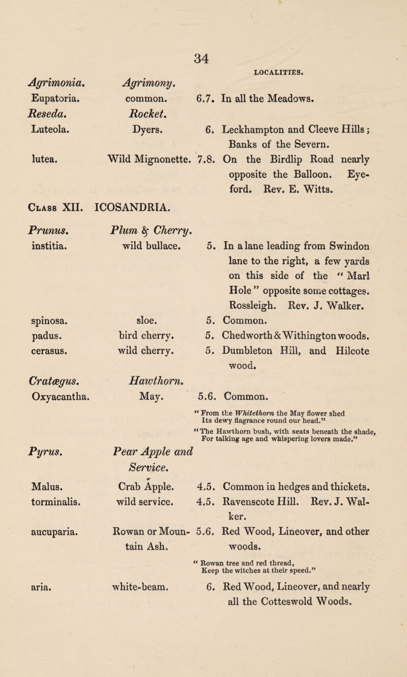 Agrimonia, Eupatoria. Reseda. Luteola. lutea. Class XII. Primus, institia. spinosa. padus. cerasus. Crataegus, Oxyacantha. Pyrus, Malus. torminalis. aucuparia. aria. 34 Agrimony. common. 6.7. In all the Meadows. Rocket, Dyers. 6. Leckhampton and Cleeve Hills; Banks of the Severn. Wild Mignonette. 7.8. On the Birdlip Road nearly opposite the Balloon. Eye- ford. Rev. E. Witts. ICOSANDRIA. Plum Sf Cherry, wild bullace. sloe. bird cherry, wild cherry. Hawthorn, 5. In a lane leading from Swindon lane to the right, a few yards on this side of the “ Marl Hole ” opposite some cottages. Rossleigh. Rev. J. Walker. 5. Common. 5. Chedworth&Withington woods. 5. Dumbleton Hill, and Hilcote wood. May. 5.6. Common. “ From the Whitethorn the May flower shed Its dewy flagrance round our head.” The Hawthorn bush, with seats beneath the shade. For talking age and whispering lovers made.” Pear Apple and Service, #* Crab Apple. 4.5. Common in hedges and thickets, wild service. 4.5. Ravenscote Hill. Rev. J. Wal¬ ker. Rowan or Moun- 5.6. Red Wood, Lineover, and other tain Ash. woods. “ Rowan tree and red thread, Keep the witches at their speed.” white-beam. 6. Red Wood, Lineover, and nearly all the Cotteswold Woods.