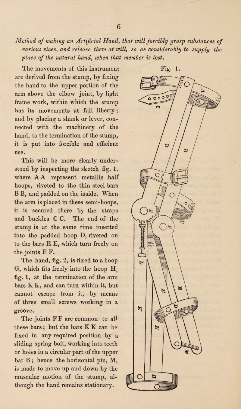 Method of making an Artificial Hand, that will forcibly grasp substances of various sizes, and release them at will, so as considerably to supply the place of the natural hand, when that member is lost. are derived from the stump, by fixing the hand to the upper portion of the arm above the elbow joint, by light frame work, within which the stump has its movements at full liberty; and by placing a shank or lever, con¬ nected with the machinery of the hand, to the termination of the stump, it is put into forcible and efficient use. This will be more clearly under¬ stood by inspecting the sketch fig. 1, where A A represent metallic half hoops, riveted to the thin steel bars B B, and padded on the inside. When the arm is placed in these semi-hoops, it is secured there by the straps and buckles C C. The end of the stump is at the same time inserted into the padded hoop D, riveted on to the bars E E, which turn freely on the joints F F. The hand, fig. 2, is fixed to a hoop G, which fits freely into the hoop H} fig. 1, at the termination of the arm bars K K, and can turn within it, but cannot escape from it, by means of three small screws working in a groove. The joints F F are common to all these bars; but the bars K K can be fixed in any required position by a sliding spring bolt, working into teeth or holes in a circular part of the upper bar B ; hence the horizontal pin, M, is made to move up and down by the muscular motion of the stump, al¬ though the hand remains stationary.