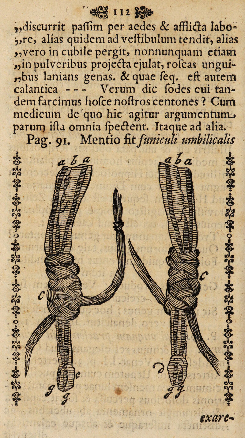 ^discurrit paffim per aedes & affli&a labo* 5,re, alias quidem ad vefiibulum tendit* alias *,vero in cubile pergit, nonnunquam etiam ,,in pulveribus projeda ejulat, rofeas ungui- nbus lanians genas. &quae feq. eft autem calantica- Verum dic fodes cui tan¬ dem farcimus holce nollros centones ? Cum medicum de quo hic agitur argumentum-* parum ifta omnia fpedlent. Itaque ad alia. Pag. 91. Mentio fit funiculi umbilicalis exare*