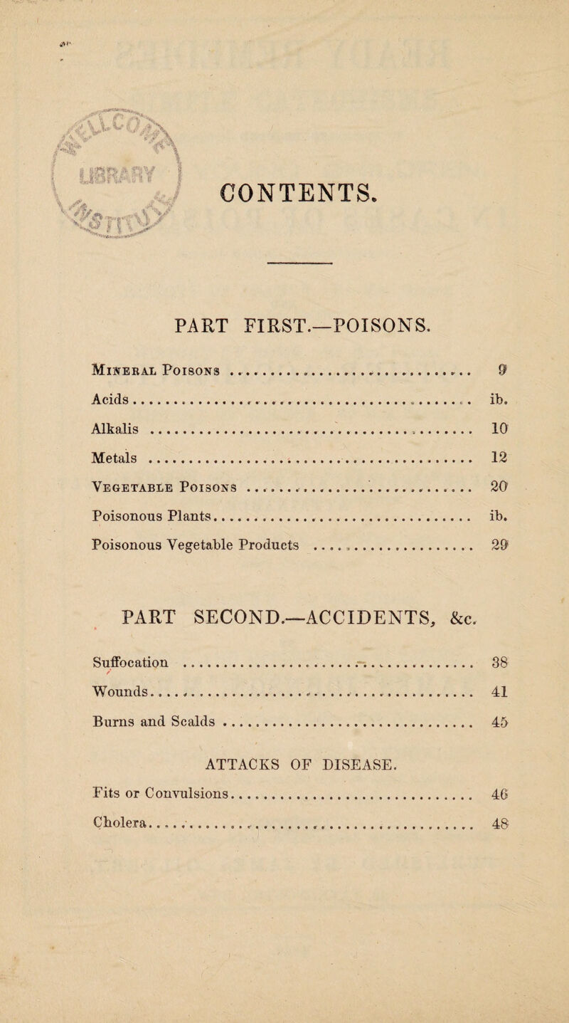 CONTENTS. PART FIRST.—POISONS. Mineral Poisons .. 0 Acids... ib. Alkalis . 10 Metals . 12 Vegetable Poisons .. 20 Poisonous Plants. ib. Poisonous Vegetable Products .. 20 PART SECOND.—ACCIDENTS, &c. Suffocation . 38 Wounds.. 41 Burns and Scalds .. 45 ATTACKS OF DISEASE. Fits or Convulsions. 46 Cbolera.. 48