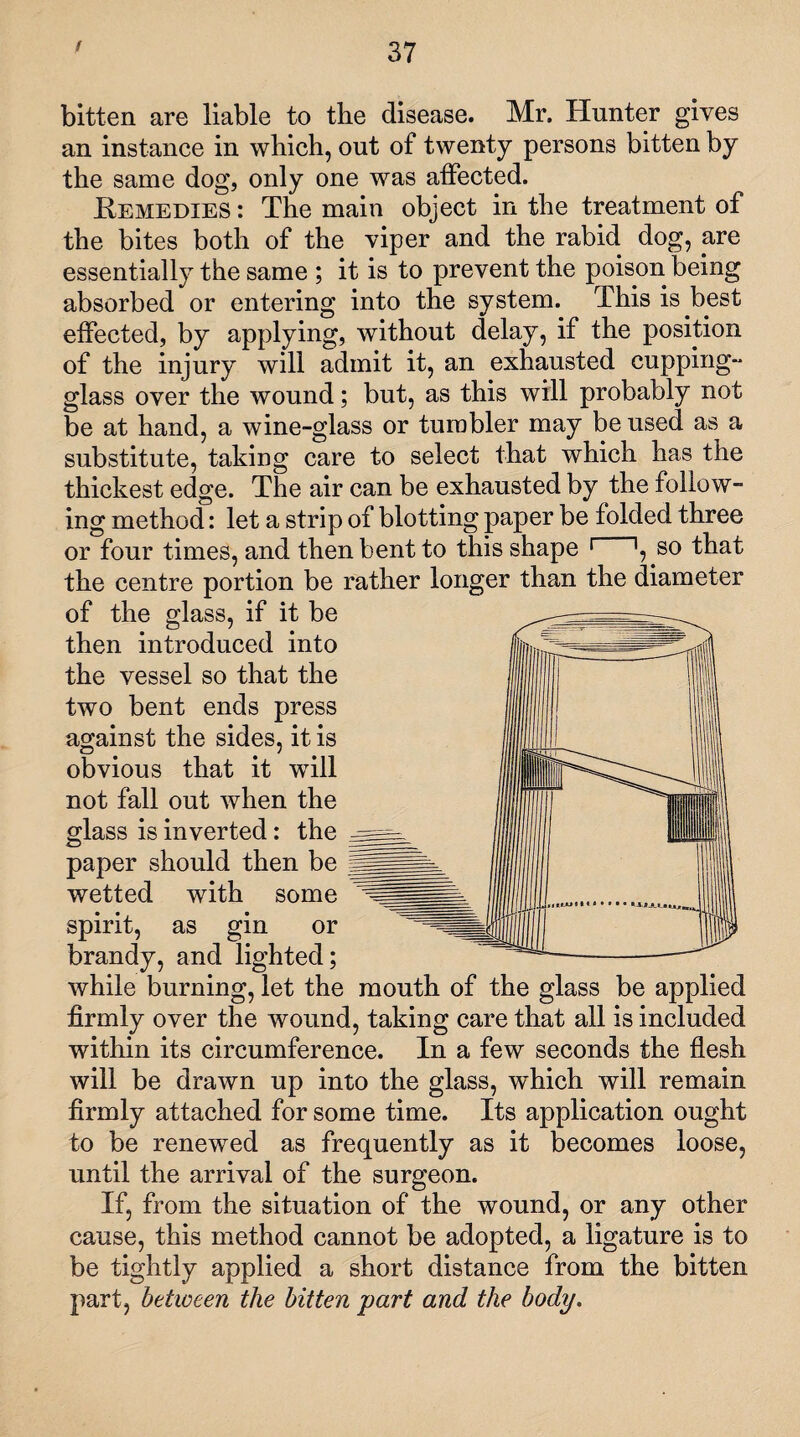 f bitten are liable to the disease. Mr. Hunter gives an instance in which, out of twenty persons bitten by the same dog, only one was affected. Remedies : The main object in the treatment of the bites both of the viper and the rabid dog, are essentially the same ; it is to prevent the poison being absorbed or entering into the system. This is best effected, by applying, without delay, if the position of the injury will admit it, an exhausted cupping-- glass over the wound; but, as this will probably not be at hand, a wine-glass or tumbler may be used as a substitute, taking care to select that which has the thickest edge. The air can be exhausted by the follow¬ ing method: let a strip of blotting paper be folded three or four times, and then bent to this shape 1 ', so that the centre portion be rather longer than the diameter of the glass, if it be then introduced into the vessel so that the two bent ends press against the sides, it is obvious that it will not fall out when the glass is inverted: the paper should then be wetted with some spirit, as gin or brandy, and lighted; while burning, let the mouth of the glass be applied firmly over the wound, taking care that all is included within its circumference. In a few seconds the flesh will be drawn up into the glass, which will remain firmly attached for some time. Its application ought to be renewed as frequently as it becomes loose, until the arrival of the surgeon. If, from the situation of the wound, or any other cause, this method cannot be adopted, a ligature is to be tightly applied a short distance from the bitten part, between the bitten ‘part and the body.