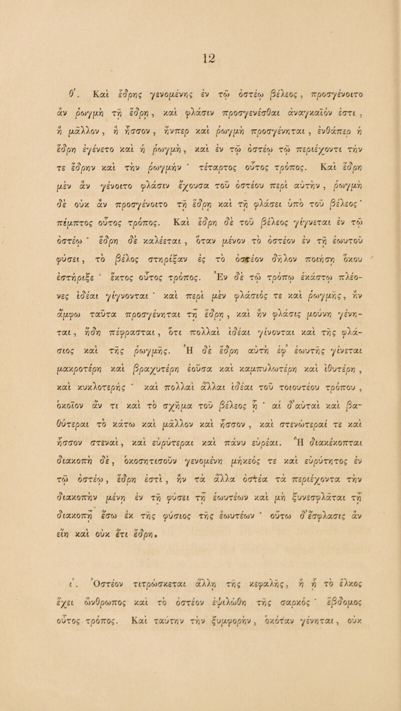 Θ’. Kat έ^ργις ^£νορι.έν·ης εν τώ όστε'ω βέΐεος, προσγε'νοίτο άν ρωγμ.^ τρ ε^ρρ, και (^ί^λάσιν προσγενε'σΘαι άναγκαΐόν εστί , ^ ρ,άλλον , >7 τ/σσον , ^νττερ και ρω^μ^ π^οοσγένν:ταί , ενΘάπεο ε(?ρν} ε^ε'νετο καί η ρωγμ^, και εν τω όστέω τώ ττεριέγοντι ττιν τε εό'ργιν και την ρωγριην ' τέταρτος ουτος τρόπος. Και εό'ρη μεν αν γε'νοιτο ^λάσιν εχουσοί τον οστεου περί αύτην , ρωγριη (ίέ ούκ αν προσγε'νοιτο τη εό'ρη καϊ τη φϊάσεί υπό τοϋ βείεος’ πέμπτος ουτος τρόπος. Και εό'ρη ό'έ του βείεος γίγνεται εν τω όστέω ' εί^ρη ό'έ καλέεται , όταν μ,ένον το όστέον έν τη εοίυτου ιρύσει, τό βείος στήριξαν ές τό όστέον (ίηλον ποίηση όκου ' έστηριξε ' έκτος ουτος τρόπος. ’Εν ό'έ τω τρόπω έκάστω πλέο- νες ΐίίέαι γίγνονται ‘ και περί μεν ψίάσιός τε και ρω^μγ^ς^ ην αμψω ταΰτα προσγένηται τη έό'ρη , και ην γλάσις ρ,ούνη γένη- ται, ηό'η πέγρασται, ότι πολλαι ΐίίέαι γίνονται και της γ).ά- σιος και της ρωγριης. Η (ίέ έό'ρη αύτη εγ έωυτης γίνεται ριακροτέρη και βραχύτερη έοΰσα και καριπυλωτέρη καί ιΘυτέρη , καί κυκλοτερής ‘ καί πολλαί αλλαι ΐίίέαι του τοιουτέου τρόπου , όκοΐον αν τι καί τό σχηρια του βείεος η * αι (ί’αύταί καί pa- Θύτεραι τό κάτω καί ρ,άλλον καί ησσον , καί στενώτεραί τε καί ησσον στεναί, καί εύρύτεραι καί πάνυ εύρέαι. ό'ιακέκοπται (διακοπή (ίέ, όκοσητισοΰν γενοριένη ριηκεός τε καί εύρΰτητος έν τω όστέω, έό'ρη έστί , ην τά άλλα όσ^έα τά περιέχοντα την ό*ιακοπην ριένη έν τη γύσει τη έωυτέων καί ριή ξυνεσγλάται τη 4 άιακοπη έ^ω έκ της γύσιος της έωυτέων ' ουτω ά εσγλασις άν ειη καί ουκ έτι έάρη. ι’. ’Οστέον τιτρώσκεται άλλη της κεγαλης, η η τό έλκος έχει ωνΟρωπος καί τό όστέον έ·^ιλώΘη τής σαρκός ' έβδομος ούτος τρόπος. Καί ταύτην τήν 'ξυμγορτ,ν, όκόταν yivr,T(Xi, οΰκ