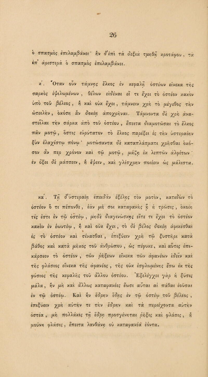ο ΰττα,ημ,ος επίλαρ|3ανεί ’ ην ^ έπι τα, ϋ'εζιά '/.ροτάψου , έπ άριστερα ο σπασμός επί1αμ.βάνει. τα κ'. 'Οταν ουν τάμνρς Ιλκος εν κεφαλή όστεων εί'νεκα τής σαρχος έι^ι'^ωμενων , θε'λων είάεναι ει η εγει το όστε'ον κακόν ύττό τον βείεος, ^ και ούκ έχει, τάμνειν χ^οή τό ρεγεΘος τήν ώτειλήν, όκόστ; αν (ίοκε'ϊ? άποχρήναι. Τά|:Λνοντα χοή άνα- στειλαι τήν σάρκα άττό τοϋ όστε'ον , έπειτα ^ιαμοτώσαι το έλκος ττάν ριοτω, όστις ενρντατον τό έλκος παρέξει ες τήν υστεραίτιν ξνν έλαχίστω πόνω ‘ μοτώσαντα ^ε καταπίάσματι γρτισΟαι οχό- σον αν περ χρόνον καί τώ ριοτω, ριάζρ εκ λεπτών άλψίτων ' εν όζει ^ε μάσσειν, ή έ'τ/'ειν , καϊ γλίσχρν^ν ποΰειν ώς μάλιστα. κα . Τρ (ί ύστεραίρ έττειάάν έξε'λρς τον μοτον, χατι^ών το οστεον ό τι πεπονθε, εάν μ-ή σοι κατα^^ανής ρ ή τροίσις , όκοίν? τις έστι έν τω όστεω , ρι^ιό'έ (ίιαγινώσκρς είτε τι έχει τό όστέον κακόν έν έωντε'ω , ή καί ονκ έχει, τό ό'έ βέλος ^οχ,έγ} άψιχέσθαι % ές το όστέον και σίνασθαι , έπιξνειν χρή τω ξνστήρι κατά βάθος και κατά ριήκος τον ανθρώπου ^ ώς πε'^νκε, και αντις έπι- κάρσιον τό όστέον , των ρήξεων εινεν.α των άψανέων ιάειν καί τής ψλάσιος εινεκα τής άψανέος , τής ονκ έσψλο)μένΤίς εσω έκ τής ψύσιος τής κεφαλής τον άλλου όστε'ον. ’Εξελε'χχει γάρ ή ξνσις ρ,άλα, ήν μh καί άλλως χαταψανέες έ'ωσι ανται αί πάθαι έονσαι έν τώ όστε'ω. Και ήν έάρϊ/ν ι'άρς έν τω όστε'ω τον βέλεος , έπιξνειν χρή αντήν τε τήν l^pyjv και τά περιε'χοντα αΰττ,ν όστέα , μώ πολλάχις τρ έάρρ προσ'-^ένγιται ρήξις και ψλάσις, ή μούνγ) ψλάσις, έπειτα λανθάνρ ον χαταψανέά έόντα.