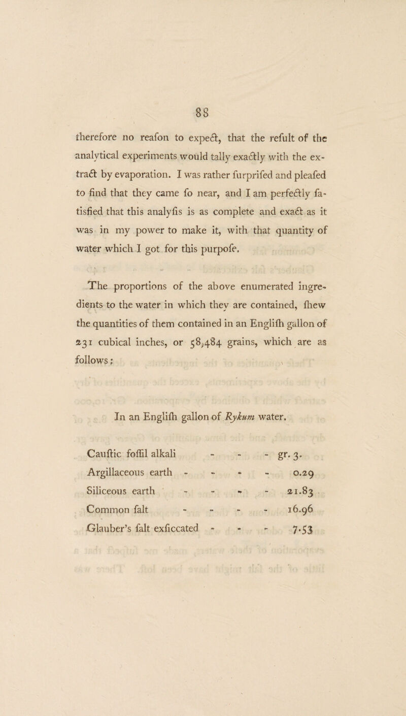 83 therefore no reafon to exped, that the refult of the analytical experiments would tally exa&ly with the ex- trad by evaporation. I was rather furprifed and pleafed to find that they came fo near, and I am perfe&fy fa- tisfied that this analyfis is as complete and exad as it was in my power to make it, with that quantity of water which I got for this purpofe. The proportions of the above enumerated ingre¬ dients to the water in which they are contained, fhew the quantities of them contained in an Englifh gallon of 231 cubical inches, or 58,484 grains, which are as follows; \ In an Englifh gallon of Rykum water. Cauftic foffil alkali - ■ gr-3' Argillaceous earth - - ■* 0.2 9 Siliceous earth ■*> 21.83 Common fait 16.96 Glauber’s fait exficcated - * 7*53