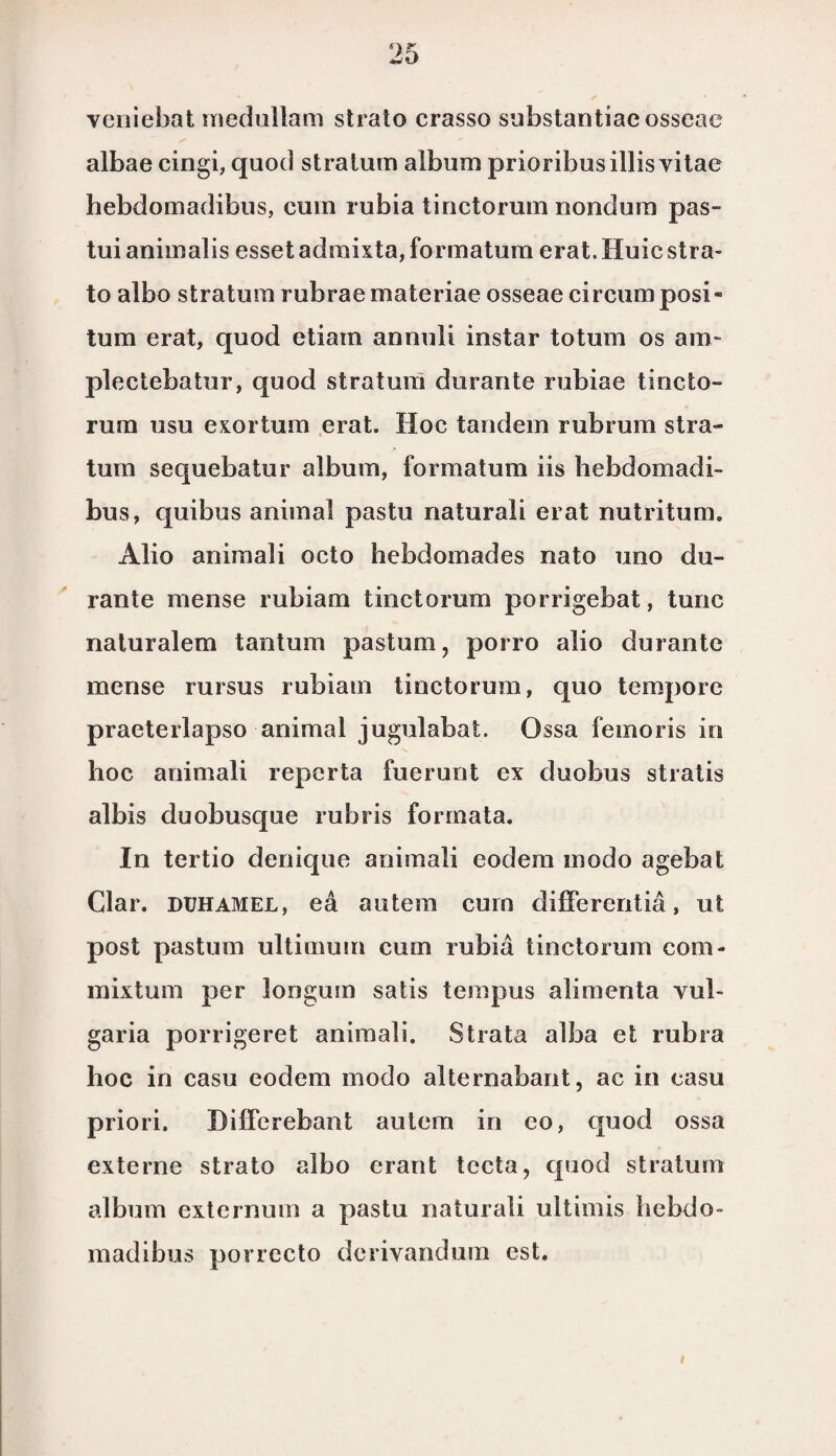 vcniebat medullam strato crasso substantiae osscac albae cingi, quod stratmn album prioribusillis vitae hebdomadibus, cum rubia tinctorum nondum pas¬ tui animalis esset adraixta, formatum erat.Huic stra¬ to albo stratum rubraemateriae osseae eircumposi* tum erat, quod etiam annuli instar totum os am- plectebatur, quod stratum durante rubiae tincto¬ rum usu exortum erat. Hoe tandem rubrum stra¬ tum sequebatur album, formatum iis hebdomadi¬ bus, quibus animal pastu naturali erat nutritum. Alio animali octo hebdomades nato uno du¬ rante mense rubiam tinctorum porrigebat, tune naturalem tantum pastum, porro alio durante mense rursus rubiam tinctorum, quo tempore praeterlapso animal jugulabat. Ossa femoris in hoe animali reperta fuerunt ex duobus stratis albis duobusque rubris formata. In tertio denique animali eodem modo agebat Clar. DUHAMEL, ea autem cum differentia, ut post pastum ultimum cum rubia tinctorum com- mixtum per longum satis tempus alimenta vul- garia porrigeret animali. Strata alba et rubra hoe in casu eodem modo alternabant, ac in casu priori. DiHcrebant autem in eo, quod ossa externe strato albo erant tecta, quod stratum album externum a pastu naturali ultimis hebdo- madibus porrecto derivandum est.