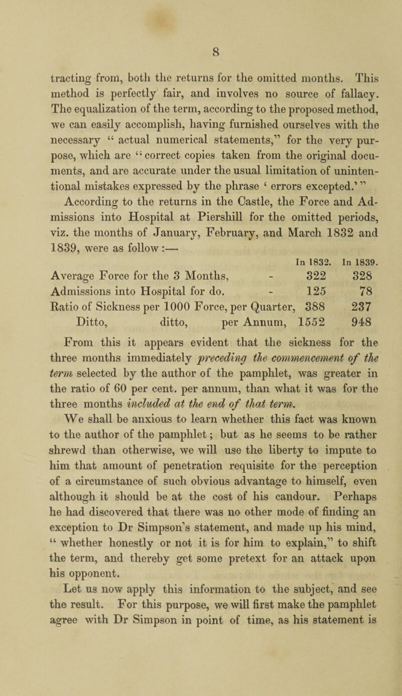 trading from, both the returns for the omitted months. This method is perfectly fair, and involves no source of fallacy. The equalization of the term, according to the proposed method, we can easily accomplish, having furnished ourselves with the necessary 44 actual numerical statements,” for the very pur¬ pose, which are 44 correct copies taken from the original docu¬ ments, and are accurate under the usual limitation of uninten¬ tional mistakes expressed by the phrase 4 errors excepted.’ ” According to the returns in the Castle, the Force and Ad¬ missions into Hospital at Piershill for the omitted periods, viz. the months of January, February, and March 1832 and 1839, were as follow :— In 1832. In 1839. Average Force for the 3 Months, - 322 328 Admissions into Hospital for do. - 125 78 Ratio of Sickness per 1000 Force, per Quarter, 388 237 Ditto, ditto, per Annum, 1552 948 From this it appears evident that the sickness for the three months immediately 'preceding the commencement of the term selected by the author of the pamphlet, was greater in the ratio of 60 per cent, per annum, than what it was for the three months included at the end of that term. We shall be anxious to learn whether this fact was known to the author of the pamphlet; but as he seems to be rather shrewd than otherwise, we will use the liberty to impute to him that amount of penetration requisite for the perception of a circumstance of such obvious advantage to himself, even although it should be at the cost of his candour. Perhaps he had discovered that there was no other mode of finding an exception to Dr Simpson’s statement, and made up his mind, 44 whether honestly or not it is for him to explain,” to shift the term, and thereby get some pretext for an attack upon his opponent. Let us now apply this information to the subject, and see the result. For this purpose, we will first make the pamphlet agree with Dr Simpson in point of time, as his statement is