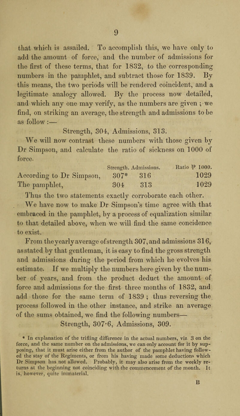 that which is assailed. To accomplish this, we have only to add the amount of force, and the number of admissions for the first of these terms, that for 1832, to the corresponding numbers in the pamphlet, and subtract those for 1839. By this means, the two periods will be rendered coincident, and a legitimate analogy allowed. By the process now detailed, and which any one may verify, as the numbers are given ; we find, on striking an average, the strength and admissions to be as follow :— Strength, 304, Admissions, 313. We will now contrast these numbers with those given by Dr Simpson, and calculate the ratio of sickness on 1000 of force. Strength. Admissions. Ratio 1000. According to Dr Simpson, 307* 316 1029 The pamphlet, 304 313 1029 Thus the two statements exactly corroborate each other. We have now to make Dr Simpson's time agree with that embraced in the pamphlet, by a process of equalization similar to that detailed above, when we will find the same concidence to exist. From the yearly average ofstrength 307, and admissions 316, as stated by that gentleman, it is easy to find the gross strength and admissions during the period from which he evolves his estimate. If we multiply the numbers here given by the num¬ ber of years, and from the product deduct the amount of force and admissions for the first three months of 1832, and add those for the same term of 1839 ; thus reversing the process followed in the other instance, and strike an average of the sums obtained, we find the following numbers— Strength, 307*6, Admissions, 309. * In explanation of the trifling difference in the actual numbers, viz 3 on the force, and the same number on the admissions, we can only account for it by sup¬ posing, that it must arise either from the author of the pamphlet having follow¬ ed the stay of the Regiments, or from his having made some deductions which Dr Simpson has not allowed. Probably, it may also arise from the weekly re¬ turns at the beginning not coinciding with the commencement of the month. It is, however, quite immaterial. B