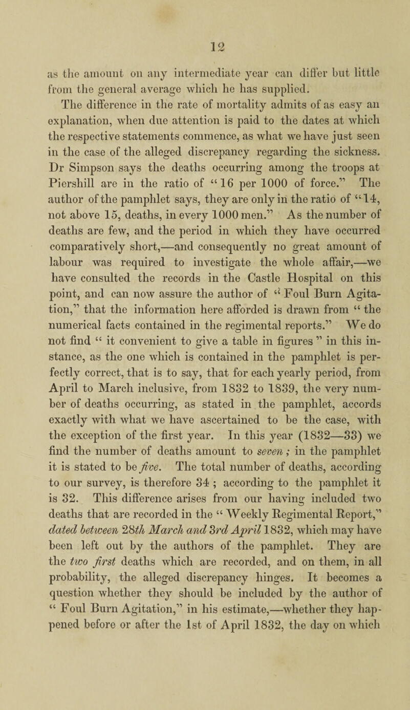 as the amount on any intermediate year can differ but little from the general average which he has supplied. The difference in the rate of mortality admits of as easy an explanation, when due attention is paid to the dates at which the respective statements commence, as what we have just seen in the case of the alleged discrepancy regarding the sickness. Dr Simpson says the deaths occurring among the troops at Piershill are in the ratio of “16 per 1000 of force.11 The author of the pamphlet says, they are only in the ratio of “14, not above 15, deaths, in every 1000 men.11 As the number of deaths are few, and the period in which they have occurred comparatively short,—and consequently no great amount of labour was required to investigate the whole affair,—we have consulted the records in the Castle Hospital on this point, and can now assure the author of “ Foul Burn Agita¬ tion,11 that the information here afforded is drawn from “ the numerical facts contained in the regimental reports.11 We do not find “ it convenient to give a table in figures 11 in this in¬ stance, as the one which is contained in the pamphlet is per¬ fectly correct, that is to say, that for each yearly period, from April to March inclusive, from 1832 to 1839, the very num¬ ber of deaths occurring, as stated in the pamphlet, accords exactly with what we have ascertained to be the case, with the exception of the first year. In this year (1832—33) we find the number of deaths amount to seven; in the pamphlet it is stated to be five. The total number of deaths, according to our survey, is therefore 34 ; according to the pamphlet it is 32. This difference arises from our having included two deaths that are recorded in the “ Weekly Regimental Report,11 dated between 28th March and 3rd April 1832, which may have been left out by the authors of the pamphlet. They are the two first deaths which are recorded, and on them, in all probability, the alleged discrepancy hinges. It becomes a question whether they should be included by the author of “ Foul Burn Agitation,11 in his estimate,—whether they hap¬ pened before or after the 1st of April 1832, the day on which