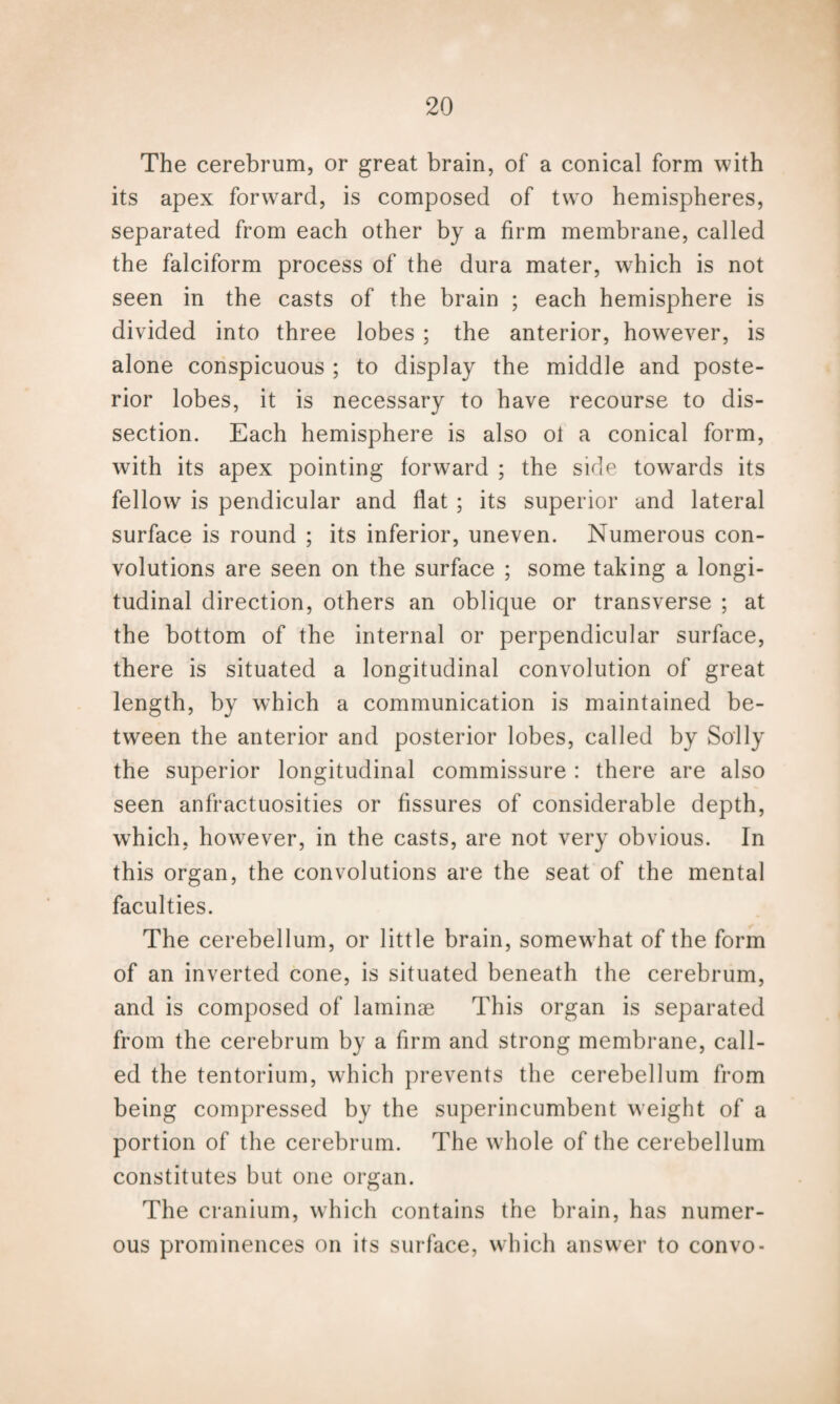 The cerebrum, or great brain, of a conical form with its apex forward, is composed of two hemispheres, separated from each other by a firm membrane, called the falciform process of the dura mater, which is not seen in the casts of the brain ; each hemisphere is divided into three lobes ; the anterior, however, is alone conspicuous ; to display the middle and poste¬ rior lobes, it is necessary to have recourse to dis¬ section. Each hemisphere is also ol a conical form, with its apex pointing forward ; the side towards its fellow is pendicular and flat ; its superior and lateral surface is round ; its inferior, uneven. Numerous con¬ volutions are seen on the surface ; some taking a longi¬ tudinal direction, others an oblique or transverse ; at the bottom of the internal or perpendicular surface, there is situated a longitudinal convolution of great length, by which a communication is maintained be¬ tween the anterior and posterior lobes, called by Solly the superior longitudinal commissure : there are also seen anfractuosities or fissures of considerable depth, which, however, in the casts, are not very obvious. In this organ, the convolutions are the seat of the mental faculties. The cerebellum, or little brain, somewhat of the form of an inverted cone, is situated beneath the cerebrum, and is composed of laminae This organ is separated from the cerebrum by a firm and strong membrane, call¬ ed the tentorium, which prevents the cerebellum from being compressed by the superincumbent weight of a portion of the cerebrum. The whole of the cerebellum constitutes but one organ. The cranium, which contains the brain, has numer¬ ous prominences on its surface, which answer to convo-