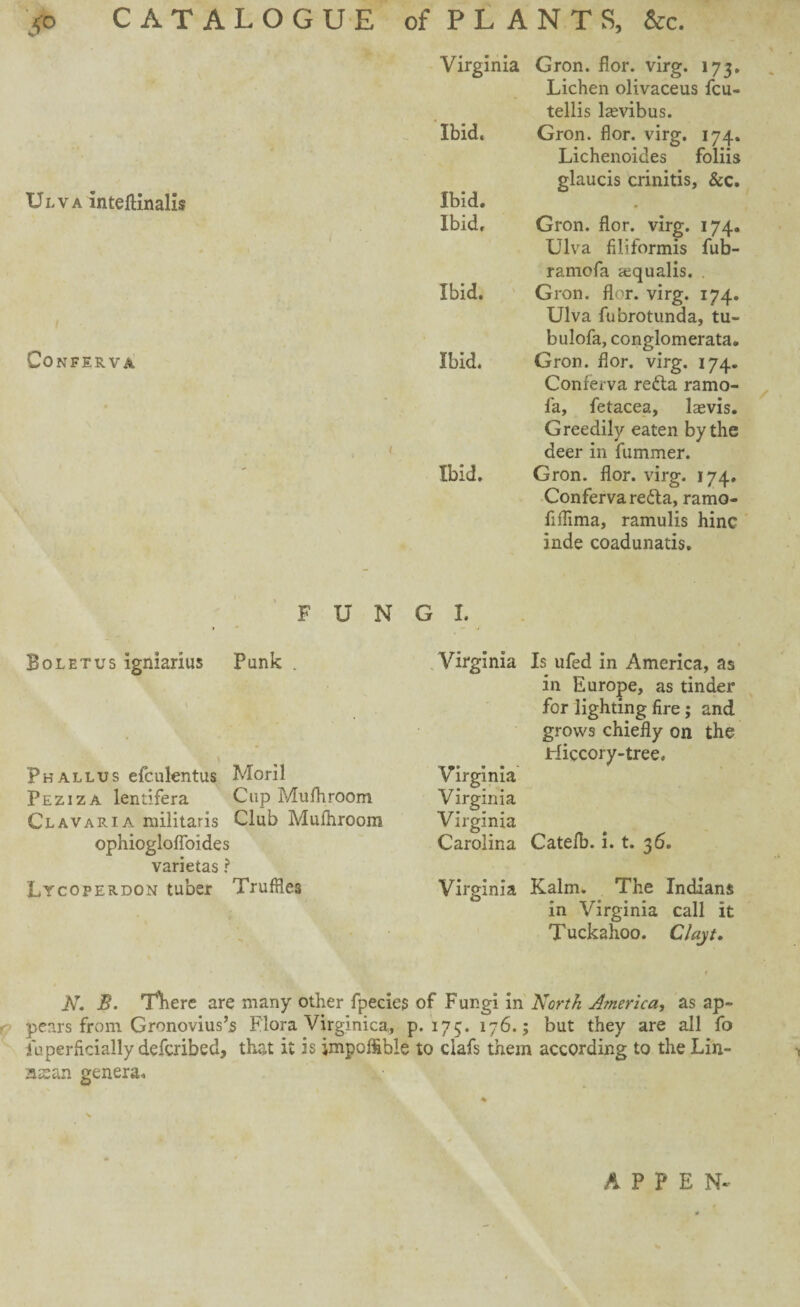 <0 CATALOGUE Ulva intefUnalis Conferva FUN Boletus igniarius Punk . Phallus efculentus Moril Peziza lentifera Cup Mufhroom Clavaria militaris Club Mufhroom ophiogloffoides varietas ? Ltcoperdon tuber Truffles of PLANTS, &c. Virginia Gron. flor. virg. 173. Lichen olivaceus fcu- tellis lsevibus. Ibid. Gron. flor. virg. 174. Lichenoides foliis glaucis crinitis, &c. Ibid. Ibid, Gron. flor. virg. 174. Ulva filiformis fub- ramofa aqualis. . Ibid. Gron. flor. virg. 174. Ulva fuhrotunda, tu- bulofa, conglomerata. Ibid. Gron. flor. virg. 174. Conferva re&a ramo- fa, fetacea, lasvis. Greedily eaten by the deer in fummer. Ibid, Gron. flor. virg. 174. Conferva reita, ramo- fiflima, ramulis hinc inde coadunatis. G I. Virginia Is ufed in America, as in Europe, as tinder for lighting fire ; and grows chiefly on the Hiccory-tree. Virginia Virginia Virginia Carolina Catefb. i. t. 36. Virginia Kalm. The Indians in Virginia call it Tuckahoo. Clayt. N. B. There are many other fpecies of Fungi in North America, as ap¬ pears from Gronovius’s Flora Virginica, p.175. 176.; but they are all fo i'uperficially deferibed, that it is jmpofflble to clafs them according to theLin- asean genera. A P p E N-