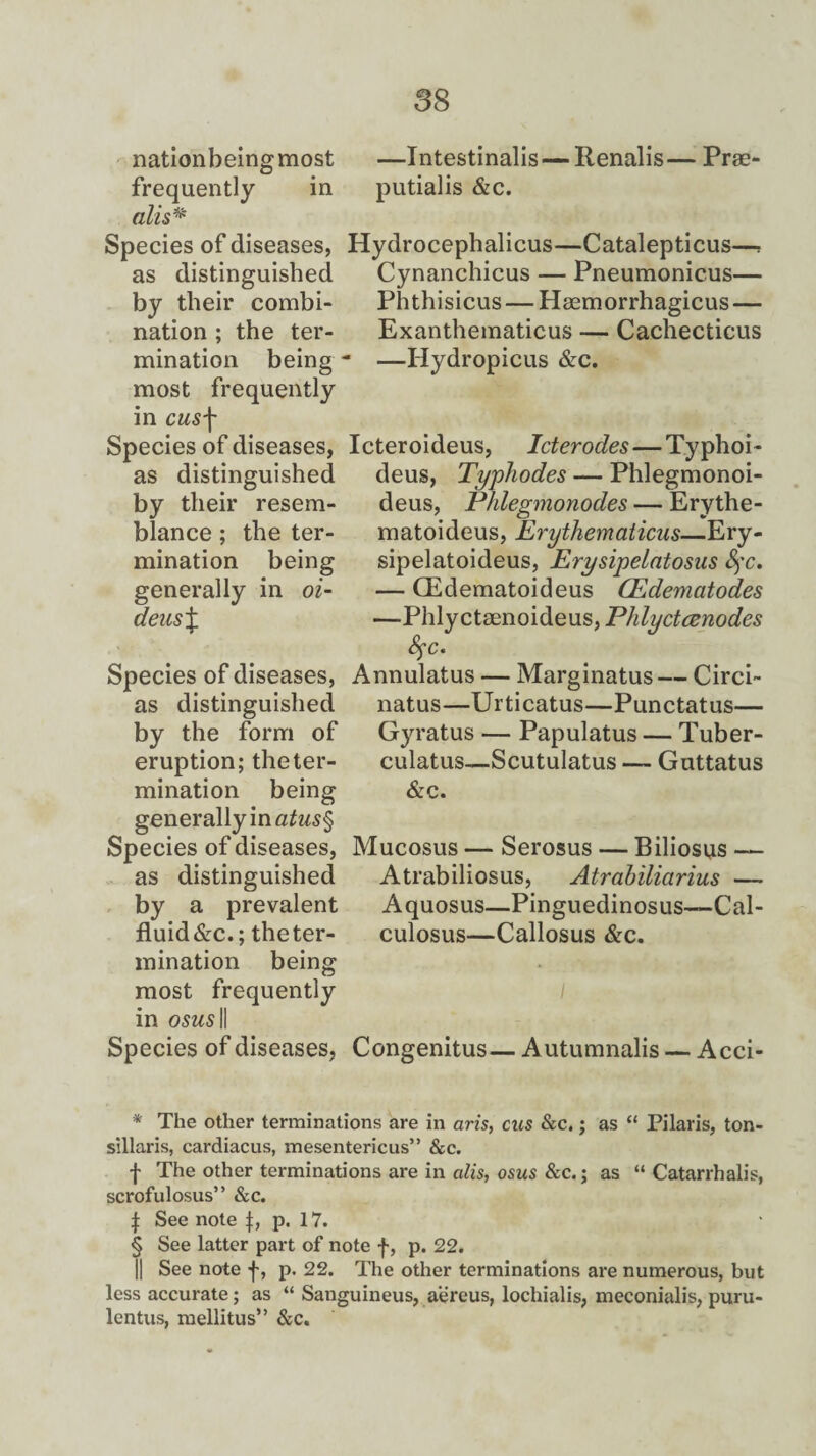 nationbeingmost frequently in alls* Species of diseases, as distinguished by their combi¬ nation ; the ter¬ mination being most frequently in cus\ Species of diseases, as distinguished by their resem¬ blance ; the ter¬ mination being generally in oi- deus% Species of diseases, as distinguished by the form of eruption; the ter¬ mination being generally in atus§ Species of diseases, as distinguished by a prevalent fluid &c.; the ter¬ mination being most frequently in oswsll Species of diseases, —Intestinalis —Renalis- putialis &c. Prse- Hydrocephalicus—Catalepticus—: Cynanchicus — Pneumonicus— Phthisicus — Hsemorrhagicus — Exanthematicus — Cachecticus - —Hydropicus &c. Icteroideus, Icterocles — Typhoi- deus, Typhodes — Phlegmonoi- deus, Phlegmonodes — Erythe- matoideus, Erythematicus—Ery- sipelatoideus, Erysipelatosus fyc. — (Edematoideus (Edematodes —Phlyctaenoideus, Phlyctcenodes 8$c. Annulatus — Marginatus— Circi- natus—Urticatus—Punctatus— Gyratus — Papulatus — Tuber- culatus—Scutulatus — Guttatus &c. Mucosus — Serosus — Biliosus — Atrabiliosus, Atrabiliarius — Aquosus—Pinguedinosus—Cal- culosus—Callosus &c. Congenitus— Autumnalis — Acci- * The other terminations are in aris, cus Sec.; as “ Pilaris, ton¬ sillaris, cardiacus, mesentericus” &c. f The other terminations are in alis, osus &c.; as “ Catarrhalis, scrofulosus” &c. \ See note p. 17. § See latter part of note f, p. 22. || See note f, p. 22. The other terminations are numerous, but less accurate; as “ Sanguineus, aereus, lochialis, meconialis, puru- lentus, mellitus” &c.