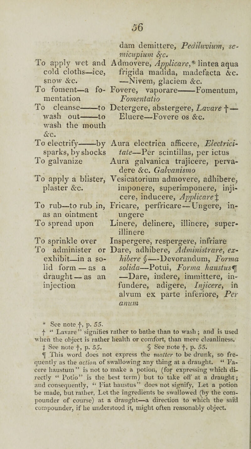 To apply wet and cold cloths—ice, snow &c. To foment—a fo¬ mentation To cleanse——to wash out——to wash the mouth &c. To electrify-by sparks, by shocks To galvanize To apply a blister, plaster &c. To rub—to rub in, as an ointment To spread upon To sprinkle over To administer or exhibit—in a so¬ lid form — as a draught — as an injection dam demittere, Pediluvium, se« micupium Sfc. Admovere, Applicarelintea aqua frigida madida, madefacta &c. —Nivem, glaciem &c. Fovere, vaporare-Fomentum, Fomentatio Detergere, abstergere, Lavare f — Eluere—Fovere os &c. Aura electrica afficere, Electrici- tate—Per scintillas, per ictus Aura galvanica trajicere, perva- dere &c. Galvanismo Vesicatorium admovere, adhibere, imponere, superimponere, inji- cere, inducere, Applicare % Fricare, perfricare—Ungere, in- ungere Linere, delinere, illinere, super- illinere Inspergere, respergere, infriare Dare, adhibere, Administrare, ex- hibere §—Devorandum, Forma solida—Potui, Forma haustus —Dare, indere, immittere, in- fundere, adigere, Injicere, in alvum ex parte inferiore, Per a mini * See note f, p. 55. f “ Lavare” signifies rather to bathe than to wash ; and is used when the object is rather health or comfort, than mere cleanliness, | See note f, p. 55. § See note f, p. 55. This word does not express the matter to be drunk, so fre¬ quently as the action of swallowing any thing at a draught. “ Fa- cere haustum” is not to make a potion, (for expressing which di¬ rectly “ Potio” is the best term) but to take off’ at a draught; and consequently, “ Fiat haustus” does not signify, Let a potion be made, but rather, Let the ingredients be swallowed (by the com¬ pounder of course) at a draught—a direction to which the said compounder, if he understood it, might often reasonably object.