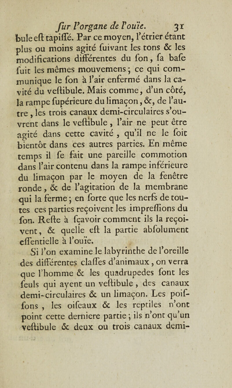 feule eft tapifle. Par ce moyen, rétrier étant plus ou moins agité fuivant les tons & les modifications différentes du fon, fa bafe fuit les mêmes mouvemens ; ce qui com¬ munique le fon à F air enfermé dans la ca¬ vité du veftibule. Mais comme, d’un côté, la rampe fupérieure du limaçon, &, de l’au¬ tre , les trois canaux demi-circulaires s’ou¬ vrent dans le veftibule , l’air ne peut être agité dans cette cavité , qu’il ne le foit bientôt dans ces autres parties. En même temps il fe fait une pareille commotion dans l’air contenu dans la rampe inférieure du limaçon par le moyen de la fenêtre ronde, & de l’agitation de la membrane qui la ferme ; en forte que les nerfs de tou¬ tes ces parties reçoivent les impreffions du fon. Refte à fçavoir comment ils la reçoi¬ vent, & quelle eft la partie abfolument eflentielle à l’ouïe. Si l’on examine le labyrinthe de l’oreille des différentes claffes d’animaux, on verra que l’homme & les quadrupèdes font les feuls qui ayent un veftibule , des canaux demi-circulaires & un limaçon. Les poif- fons , les oifeaux & les reptiles n’ont point cette derniere partie ; ils n’ont qu’un veftibule & deux ou trois canaux demi-