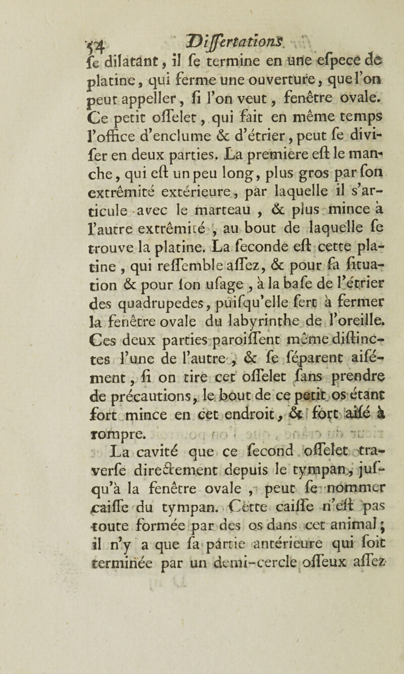 ^ ' JJl^ fe dilatant, il fe termine en une efpece de platine, qui ferme une ouverture, que Ton peut appeller, fi l’on veut, fenêtre ovale. Ce petit oflelet, qui fait en même temps l’office d’enclume & d’étrier, peut fe divi- fer en deux parties. La première eft le man¬ che, qui eft un peu long, plus gros par fon extrémité extérieure, par laquelle il s’ar¬ ticule avec le marteau , & plus mince à l’autre extrémité , au bout de laquelle fe trouve la platine. La fécondé eft cette pla¬ tine , qui reflemble aflez, & pour fà fitua- tion & pour Ion ufage , a la bafe de l’étrier des quadrupèdes, puifqu’elle fert à fermer la fenêtre ovale du labyrinthe de l’oreille. Ces deux parties paroiflent mêmediftinc- tes l’une de l’autre , & fe féparent aifé^ ment, fi on tire cet oflelet fans prendre de précautions, le bout de ce petit os étant fort mince en cet endroit, de fbçt aHé à rompre. ^ r La cavité que ce fécond offelet tra- verfe directement depuis le tympan, juf- qu’à la fenêtre ovale , peut fe nommer xraifTe du tympan. Cètte caiffe n’eft pas toute formée par des os dans cet animal ; il n’y a que fa partie antérieure qui foit terminée par un demi-cercle ofleux aflez