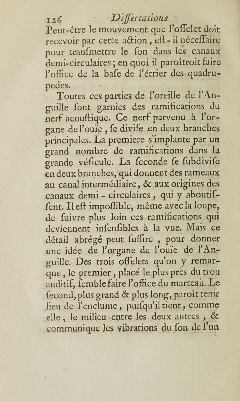 Peut-être le mouvement que l’offieîet doit recevoir par cette aêtion , eft - il néceflaire pour tranfmettre le fon dans les canaux demi-circulaires ; en quoi il paroîtroit faire l’office de la bafe de l’étrier des quadru¬ pèdes. Toutes ces parties de l’oreille de l’An¬ guille font garnies des ramifications du nerf acouftique. Ce nerf parvenu a l’or¬ gane de l’ouïe , fe divife en deux branches principales. La première s'implante par un grand nombre de ramifications dans la grande véficule. La fécondé fe fubdivife en deux branches, qui donnent des rameaux au canal intermédiaire, & aux origines des canaux demi - circulaires , qui y aboutif- fent. Il eft impoffible, même avec la loupe, de fuivre plus loin ces ramifications qui deviennent infenfibles à la vue. Mais ce détail abrégé peut fuffire , pour donner une idée de l’organe de l’ouïe de l’An¬ guille. Des trois offelets qu’on y remar¬ que , le premier , placé le plus près du trou auditif, femble faire l’office du marteau. Le fécond, plus grand & plus long, paroît tenir lieu de l’enclume, puifqu’iitient, comme elle, le milieu entre les deux autres , & communique les vibrations du fon de l’un