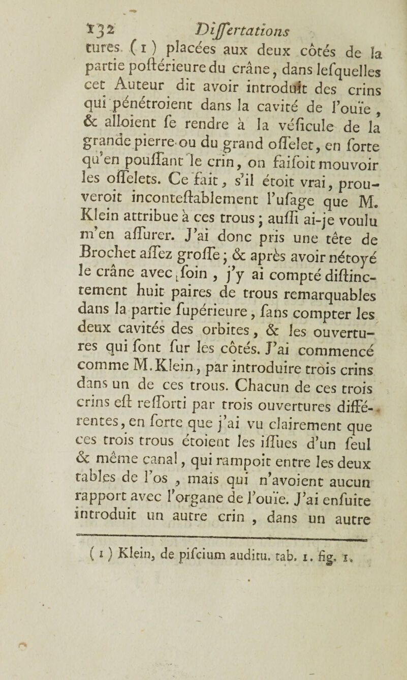 cures ( i ) placées aux deux côtés de la partie poftérieuredu crâne, dans lefquelles cet Auteur dit avoir introduit des crins qui pénétroient dans la cavité de louïe , ôc aboient fe rendre a la veficuîe de la grande piei re ou du grand ofïelet, en forte qu’en pouffant le crin, on faifoitmouvoir les offelets. Ce fait ^ s il etoit vrai, prou-* veroit inconteftablement l’ufage que M. Klein attribue à ces trous ; aufîi ai-je voulu m en affurer. J’ai donc pris une tête de Brochet aiiez grofîe j ôc après avoir nétoyé le crâne avec Lfoin , j’y ai compté diftinc- tement huit paires de trous remarquables dans la partie fupérieure, fans compter les deux cavités des orbites, & les ouvertu¬ res qui font fur les cotes. J’ai commencé comme M. Klein , par introduire trois crins dans un de ces trous. Chacun de ces trois crins efi refforti par trois ouvertures diffé- ientes, en forte que j ai vu clairement que ces trois trous étoient les iffues d’un feul & même canal, qui rampoit entre les deux tables de fos , mais qui n’avoient aucun rapport avec forgane de fouie. J’ai enfuite introduit un autre crin , dans un autre ( i ) Klein, de pifciwn auditu. tab. i. fig. i.