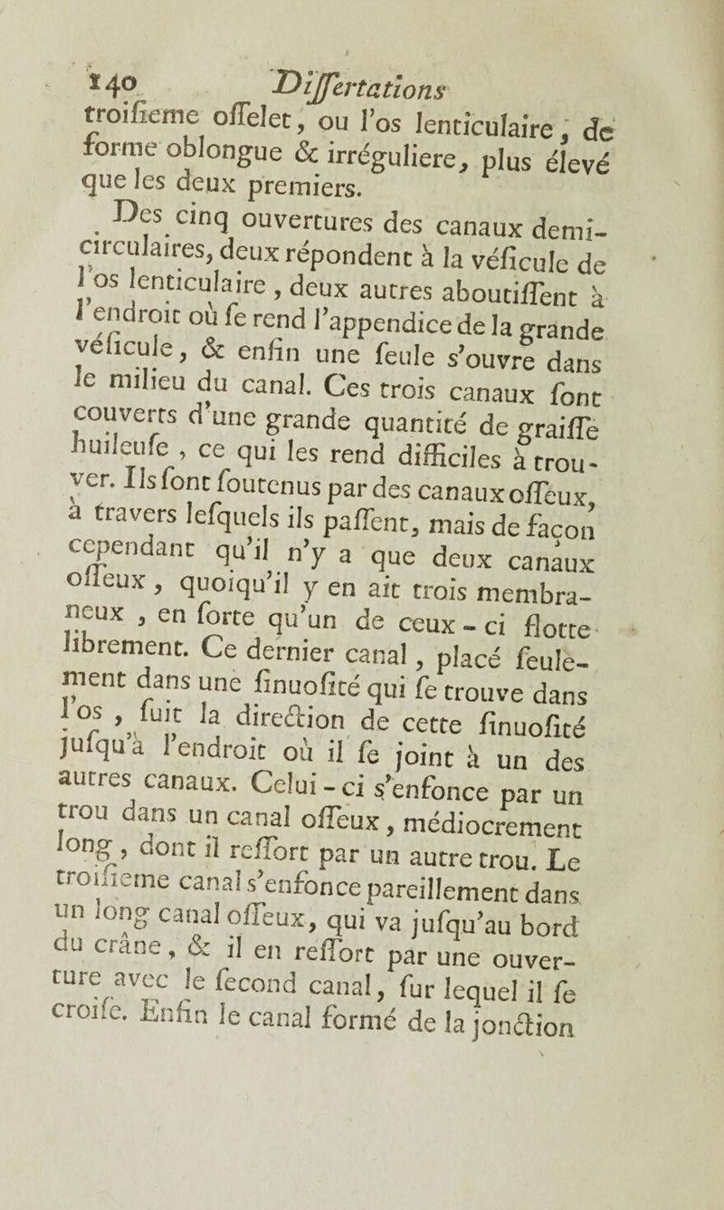 r roi fie nie offelet, ou l’os Jencîculaire, de forme oblongue & irrégulière, plus élevé que les deux premiers. . Df. cin9 ouvertures des canaux demi- circulaires deux répondent à la véficule de 1 os lenticulaire , deux autres aboutirent à 1 endroit ou fe rend l’appendice de la grande veficuie, & enfin une feule s’ouvre dans le mil,eu du canal. Ces trois canaux font couverts d une grande quantité de grailTe fiuileufe , ce qui les rend difficiles à trou¬ ver. Us font foutenus par des canaux offeux a travers lefquels ils paffent, mais de façon cependant qu’il n’y a que deux canaux ° ieux ’ quoiqu i! y en ait trois membra¬ neux , en forte qu’un de ceux - ci flotte librement. Ce dernier canal, placé feule¬ ment dans une finuofité qui fe trouve dans los , fuit la direction de cette finuofité julqua 1 endroit où il fe joint à un des autres canaux. Celui-ci s’enfonce par un tiou ans un canal ofleux, médiocrement ong, cont il reflort par un autre trou. Le troiiieme canal s’enfonce pareillement dans «n long canal offeux, qui va jufqu’au bord eu crâne, & il en reffort par une ouver- ture avec le fécond canal, fur lequel il fe cioiie. Enfin le canal formé de la jonction