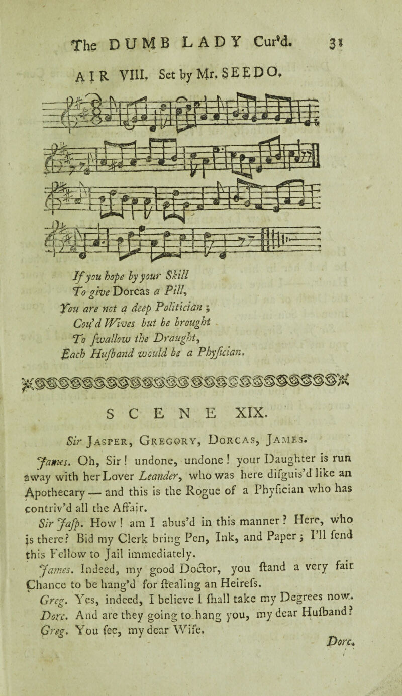 AIR VIII, Set by Mr. SEEPO, If you hope by your Skill 'To give Dorcas a Pill\ You are net a deep Politician ; Coud Wives but be brought To fwallow the Draught, pach Hujband would be a P by fid an. SCENE XIX. Sir Jasper, Gregory, Dorcas, James. James. Oh, Sir! undone, undone ! your Daughter is run away with her Lover Leandery who was here diiguis d like an Apothecary — and this is the Rogue of a Phyfician who has contriv’d all the Affair. Sir Jafp. How ! am I abus’d in this manner ? Here, who js there? Bid my Clerk bring Pen, Ink, and Paper 3 111 fend th is Fellow to Jail immediately. Jcunes. Indeed, my good Doclor, you Hand a very fair Chance to be bang’d for {pealing an Heirefs. Greg. Yes, indeed, I believe I (hall take my Degrees now. Dote. And are they going to hang you, my dear Hufband ? Greg. You fee, my dear Wife. Dorc*