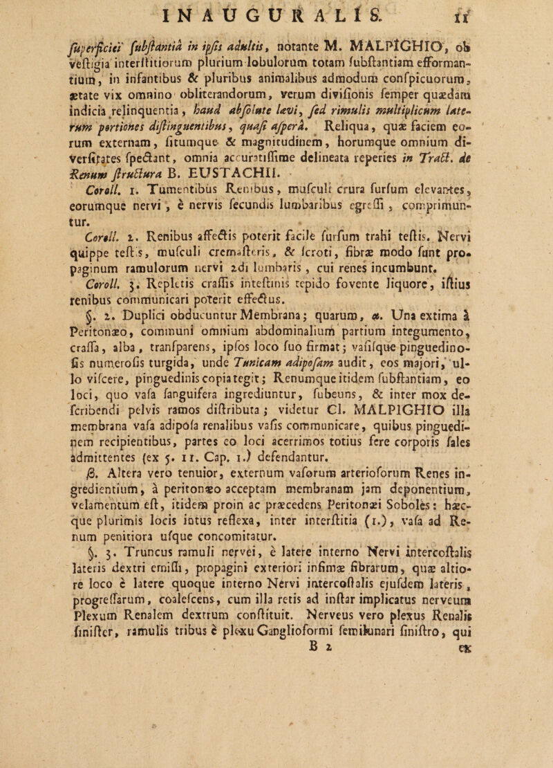 faperficict fubflantid in ipfis adultis, notante M. MALPlGHIO, oh vefligia interritiorum plurium lobulorum totam fubftantiara efForman- tium, in infantibus & pluribus animalibus admodum confpicuorum5 aetate vix omnino obliterandorum, verum divifionis femper quaedam indicia relinquentia, haud abfilute Uvi, fed rimulis multiplicum late¬ rum portiones diftingnentibus, quafi afperk. Reliqua, quae faciem eo¬ rum externam, fitumque & magnitudinem, horumque omnium di- verfitates fpe&ant, omnia ac untifflrae delineata reperies in Trabi, de Renum firubiura B. EUSTACHII. Cor&ll. i. Tumentibus Renibus, mufcult crura furfum elevamtes, eorumque nervi , e nervis fecundis lumbaribus egreffi , comprimun¬ tur. Cordi, i. Renibus affe&is poterit facile furfum trahi teftis. Nervi quippe cellis, mufculi crcmafhris, & Icroti, fibrae modo funt pro* paginum ramulorum nervi adi lumbaris, cui renes incumbunt. Coroll. 3. Repletis crafiis inteftinis tepido fovente liquore, iftius renibus communicari poterit effe&us. §. 1. Duplici obducuntur Membrana; quarum, ». Una extima I Peritonaeo, communi omnium abdominalium partium integumento, crafla, alba, tranfparens, ipfos loco fuo firmat; vafifque pinguedino- fis numerofis turgida, unde Tunicam adipofam audit, cos majori, ul¬ lo vifcere, pinguedinis copia tegit; Renumque itidem fubfhntiam, eo loci, quo vafa fanguifera ingrediuntur, fubeuns, & inter mox de- fcribendi pelvis ramos diftributa ; videtur Cl. MALP1GHIO illa membrana vafa adipofa renalibus vafis communicare, quibus pinguedi¬ nem recipientibus, partes co loci acerrimos totius fere corporis fales admittentes (ex 5. 11. Cap. 1.) defendantur. /3. Altera vero tenuior, externum vaforura arterioforum Renes in- gredientium, a peritonaeo acceptam membranam jam deponentium, velamentum eft, itidem proin ac prxcedens Peritonei Soboles: haec- que plurimis locis intus reflexa, inter interflitia (1.), vafa ad Re¬ num penitiora ufque concomitatur. 3. Truncus ramuli nervei, e latere interno Nervi intercoftalis lateris dextri ernifli, propagini exteriori infimae fibrarum, quae altio- re loco c latere quoque interno Nervi iatercoflalis ejufdem lateris, progreffarum, coalefcens, cum illa retis ad inftar implicatus nerve uni Plexum Renalem dextrum confiituit. Nerveus vero plexus Renalis finiflcr, ramulis tribus c pk-xuGanglioformi feroikmari finiftro, qui B 2 eK