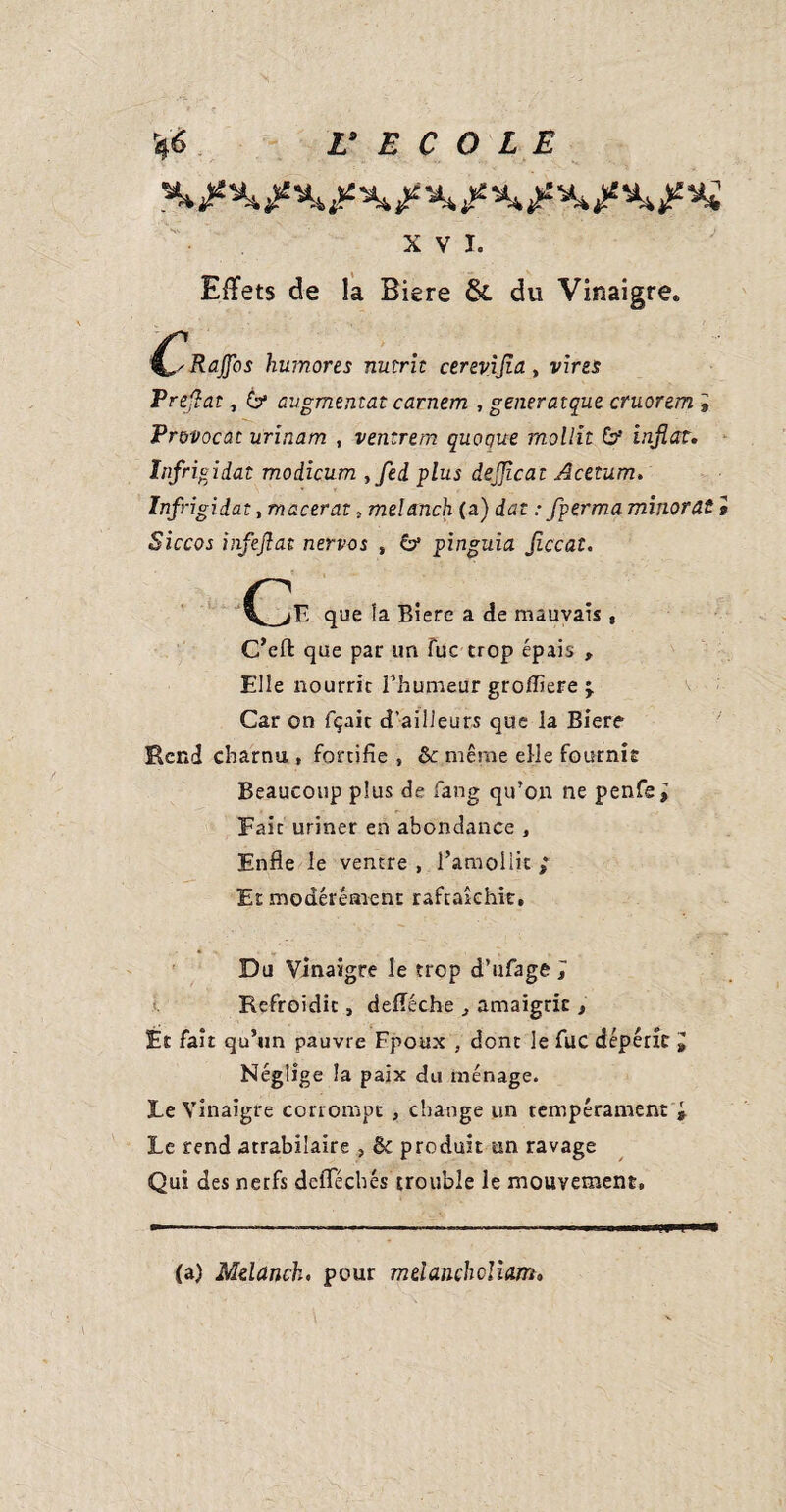 XVI. Effets de la Biere &. du Vinaigre. C Rajfos humores nutrit cerevijîa , vires Preflat, 6* augmentât carnem , generatque cruorem * Provocat urinam , ventrem quoque mollit & inflctt. Infrigidat modicum ,fed plus dejjicat Acetum. Infrigidat, macerat, melanch (a) dat : fperma minorât 9 Siccos infejlat nervos , & pinguia Jiccat. que la Biere a de mauvais , C’efl que par un fuc trop épais , Elle nourrit l’humeur grolfiere ÿ Car on fçaic d’ailleurs que la Biere Bend charnu , fortifie , ôc même elle fournie Beaucoup plus de fang qu’on ne penfe^ Fait uriner en abondance , Enfle le ventre , l’amollit ; Et modérément rafraîchit. Du Vinaigre le trop d’ufage J Refroidit, defléche , amaigrit, Et fait qu’un pauvre Epoux , dont le fuc dépérît * Néglige la paix du ménage. Le Vinaigre corrompt , change un tempérament i Le rend atrabilaire , & produit un ravage Qui des nerfs dclTécbés trouble le mouvement. (a) Mdanch. pour melancholiam.