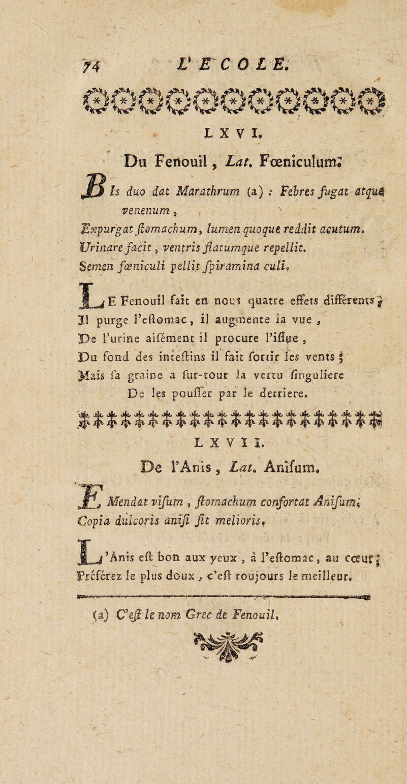 jê 74 *il*]tl* M* zt*s sF ’Vk* W W L X V I. * Du Fenouil, Lat. Fœniculum; Is duo dat Marathrum (a) .* Fibres fugat atqu$ vsnenum, x Expiirgat fiomaçhum> lumen quoque reidit acutum, Urinare facie, ventris jtatumque repellit, Semen fœniculi pellit fpiramina culi, (E Fenouil fait en nous quatre effets différents g 31 purge l’effomac, il augmente ia vue , Pe l’urine aifément il procure Piflue , Du fond des inteffins il fait form* les vents $ ^îais la graine a fur-tout ia vertu ffnguliere De les pouffer par le derrière. L X V ï I. De l'An is 5 Lat. Ànifum. JPl Mendat vifurn , fiornachum confortai Anifumi Copia dulcoris anif fit mêlions. j’Anis eft bon aux yeux , a l’eftomae, au cceut | Fréférez le plus doux j c’eff toujours Je meilleur. (a) C5ej? le nom Grec de Fenouil,