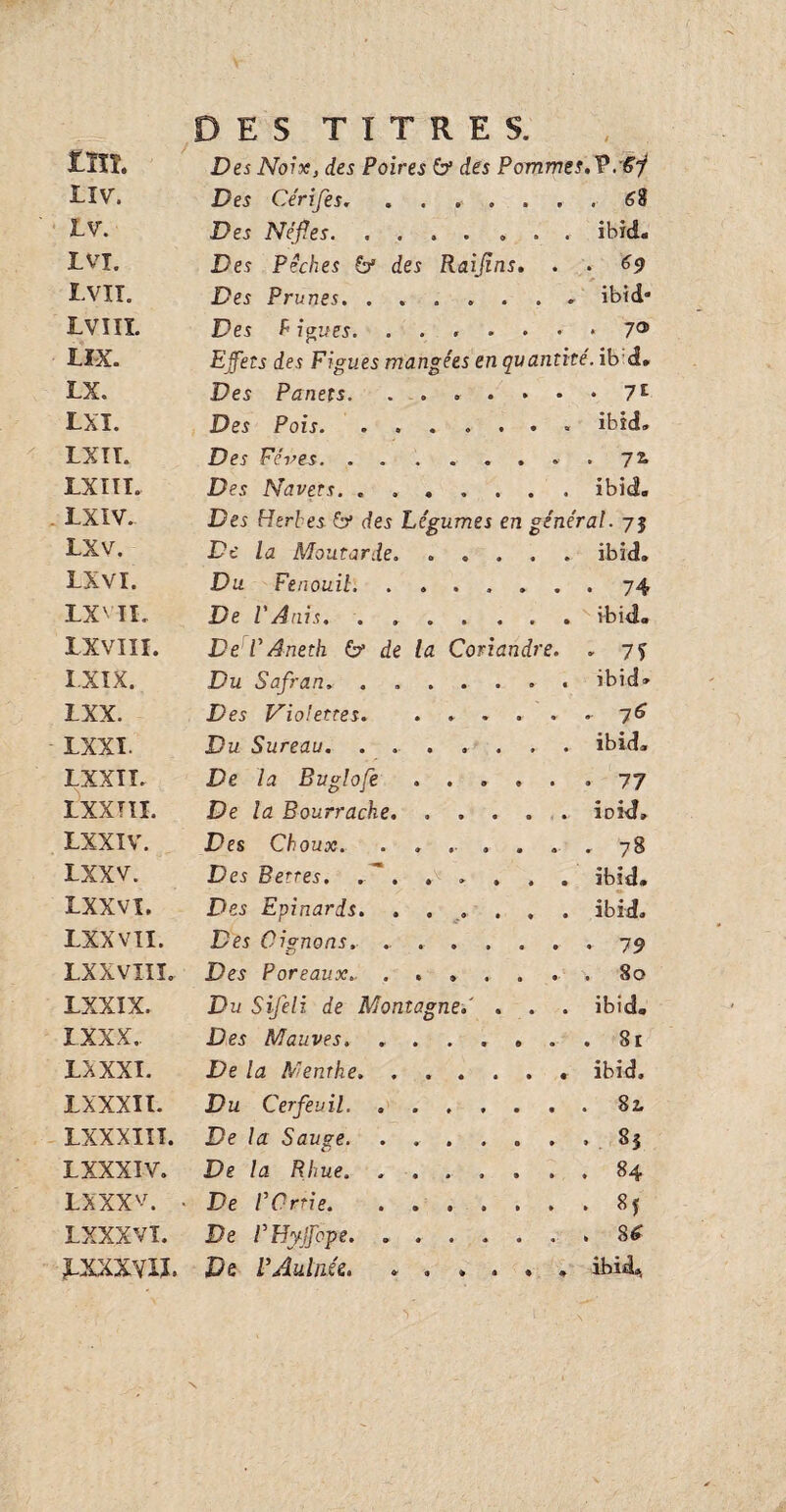 DES TITRES. Xïïî. Des Noix, des Poires 6* des Pommes.V :6j LlV. Des Cérifes. ....... 6l LV. Des Nèfles. .... ... ibid. LVI. Des Pêches & des Raijins. . . Ï VIÎ. Des Prunes. ....... ibid* LVÎIÏ. Des h igues. 7° O-X. Effets des Figues mangées en quantité, ib d. LX. Des Panets. 7l LXI. Des Pois. ....... ibîd» LXIT. Des Fèves. ........ 7£ LXIII. De* Navets. ..ibid. LXIV. Des Herbes 6* des Légumes en général. 75 LXV. De la Moutarde. ..... ibid. LXVI. Du Fenouil. ....... 74 LXVII. DeVAnis. . '■ibid. LXVIII. De V A neth & de la Coriandre. » 7f I.XIX. Du Safran. . ibid» LXX. Des Violettes. ...... 76 LXXI. Du Sureau. . ibid. LXXIT. De /u Buglofe..77 LXXTII. De la Bourrache.îoid. LXXIV. Des Choux. ....... 78 LXXV. Des Bettes. .. . . . . . ibid. LXXVI. Des Epinards.ibid. LXXV1I. Des Oignons. ........ 79 LXXVIII. Des Poreaux.. ...... . 80 LXXIX. Du Sifeli de Montagne.' . . . ibid. XXXX.. Des Mauves.8r LXXXI. De la Menthe. ibid. LXXXIt. Du Cerfeuil.81 LXXXIII. De la Sauge.8$ LXXXIV. De la Rhue. ....... 84 LXXXV. . De P Ortie.8f LXXXVI. De PHyffope. ....... 8^ LXXXV II. De PAulnée. ...... ibid..