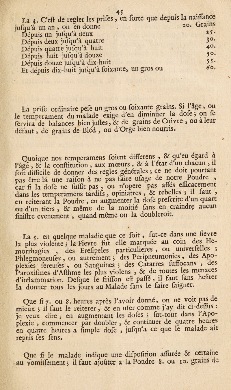 jufqu'à un an , on en donne a0* Grains Dépuis un jufqu'à deux Depuis deux jufqu'à quatre 3°* Dépuis quatre jufqu'à huit 4°* Dépuis huit jufqu'à douze . S°* Dépuis douze jufqu'à dix-huit Et dépuis dix-huit jufqu'à foixante3 un gros ou 60, La prife ordinaire pefe un gros ou foîxante grains. Si 1 age3 ou le tempérament du malade exige d'en diminuer la doie, on e fervira de balances bien juftes 5 & de grains de Cuivre 3 ou a leur défaut3 de grains de Bléd 3 ou d'Orge bien nourris. Quoique nos temperamens foient differens 3 & qn eu egard à page , 8e la conftitution, aux mœurs , a 1 état d un chacun 3 il foit difficile de donner des réglés générales 5 ce ne doit pourtant pas être la une raifon à ne pas faire ufage de notre Poudre » car fi la dofe ne fuffit pas , ou n'opere pas affes efficacement dans les temperamens tardifs, opiniâtres ? & rebelles ; il faut 3 en reiterant la Poudre 3 en augmenter la dofe prefcrite d un quart ou d'un tiers 3 & même de la moitié fans en craindre aucun Aniftre événement 3 quand même on la doubleroit. La en quelque maladie que ce foit 3 fut-ce dans une fievre la plus violente 3 la Fievre fut elle marquée au coin des Hé¬ morrhagies , des EreApeles particulières 3 ou . univerlelles 3 Phlegmoneufes 3 ou autrement, des Peripneumonies , des Apo- plexies fereufes 3 ou Sanguines ; des Catarres fuffocans , des Paroxifmes d'Afthme les plus violens 3 & de toutes les menaces d'inflammation. Defque le friffon eft paffé, il faut fans hefiter la donner tous les jours au Malade fans le faire faigner. Que fi 7. ou 8. heures après l'avoir donne3 on ne voit pas de mieux 5 il faut le reiterer, & en uier comme j'ay dit ci-delius. je veux dire , en augmentant les dofes , fut-tout dans 1 Apo¬ plexie , commencer par doubler 3 & continuer de quatre heures en quatre heures a Ample dofe 3 jufqu'a ce que le malade ait repris fes fens. Que A le malade indique une difpoAtion affuree & certaine au vomiffementj il faut ajouter a la Poudre 8. ou 10. grains de