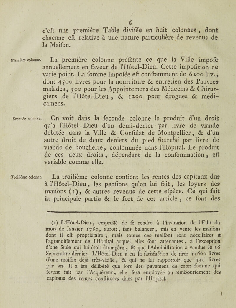 / 6 c’eft une première Table divifée en huit colonnes , dont chacune eft relative à une nature particulière de revenus de la Maifon. Pfcmiére colonne. La première colonne préfente ce que la Ville impofe annuellement en faveur de l’Hôtel-Dieu. Cette impofition ne varie point. La fomme impofée eft conftamment de 6200 liv., dont 4500 livres pour la nourriture & entretien des Pauvres malades, 500 pour les Appointemens des Médecins & Chirur¬ giens de l’Hôtel-Dieu , & 1200 pour drogues & médi« camens. * • . » Seconde colonne. On voit dans la fécondé colonne le produit d’un droit qu’a l’Hôtel -Dieu d’un demi-denier par livre de viande débitée dans la Ville & Confulat de Montpellier, & d’un autre droit de deux deniers du pied fourché par livre de viande de boucherie, confommée dans l’Hôpital. Le produit de ces deux droits , dépendant de la confommation , eft variable comme elle. Troifiéme colonne. La troifième colonne contient les rentes des capitaux dus à l’Hôtel-Dieu, les penfions qu’on lui fait, les loyers des maifons (1), & autres revenus de cette efpèce. Ce qui fait la principale partie & le fort de cet article , ce font des (1) L’Hôtel-Dieu , emprefte de fe rendre à l’invitation de l’Edit du mois de Janvier 1780, auroit, fans balancer, mis en vente les maifons dont il eft propriétaire j mais toutes ces maifons font néceflaires à l’agrandiftement de l’Hôpital auquel elles font attenantes , à l’exception d’une feule qui lui étoit étrangère , 6c que l’Adminiftration a vendue le 16 Septembre dernier. L’Hôtel-Dieu a eu la fatisfaftion de tirer 15600 livres d’une maifon déjà très-vieille, 6c qui ne lui rapportoit que 430 livres par an. Il a été délibéré que lors des payemens de cette fomme qui feront fait par l’Acquéreur, elle fera employée au rembourfement de$ capitaux des rentes conftituées dues par l’Hôpital. \