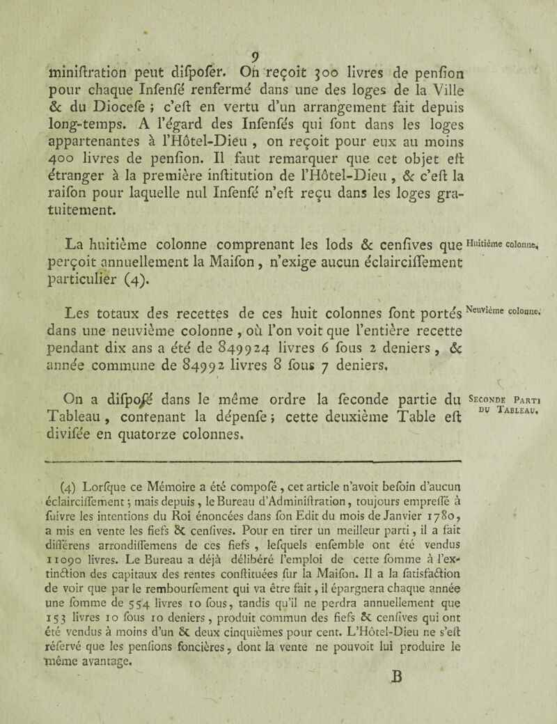 miniftration peut difpofer. Oh reçoit 300 livres de penfion pour chaque Xnfenfe' renfermé dans une des loges de la Ville & du Diocefe ; c’eft en vertu d’un arrangement fait depuis longtemps. A l’égard des Infenfés qui font dans les loges appartenantes à l’Hôtel-Diéu , on reçoit pour eux au moins 400 livres de penfion. Il faut remarquer que cet objet efi étranger à la première inftitution de l’Hôtel-Dieu , & c’eft la raifon pour laquelle nul Infenfé n’eft reçu dans les loges gra¬ tuitement. La huitième colonne comprenant les lods & cenfîves que Huitième colonne, perçoit annuellement la Maifon , n’exige aucun éclaircilfement particulier (4). Les totaux des recettes de ces huit colonnes font portés Neuvîème C0l01]ue* dans une neuvième colonne , où l’on voit que l’entière recette pendant dix ans a été de 849924 livres 6 fous 2 deniers , <3c année commune de 84992 livres 8 fous 7 deniers, « - ‘ . On a difpo^é dans le même ordre la fécondé partie du seconde partj Tableau, contenant la dépenfe ; cette deuxième Table eft DU lABLEAL> divifée en quatorze colonnes, ^ (4) Lorfque ce Mémoire a été compofé , cet article n’avoit befoin d’aucun éclairciflement \ mais depuis, le Bureau d’Adminiftration, toujours emprefle à Livre les intentions du Roi énoncées dans Ton Edit du mois de Janvier 1780, a mis en vente les fiefs Sc cenfives. Pour en tirer un meilleur parti, il a fait différens arrondifîemens de ces fiefs , lefquels enfembîe ont été vendus 11090 livres. Le Bureau a déjà délibéré l’emploi de cette fomme à l’ex* tinéfion des capitaux des rentes conftituées fur la Maifon. Il a la fatisfaélion de voir que par le rembourlement qui va être fait, il épargnera chaque année une fomme de 554 livres 10 fous, tandis qu’il ne perdra annuellement que 153 livres 10 fous 10 deniers , produit commun des fiefs ôt cenfives qui ont été vendus à moins d’un 8t deux cinquièmes pour cent. L’Hôtel-Dieu ne s’efl réfervé que les penfions foncières, dont la vente ne pouvoit lui produire le même avantage. B