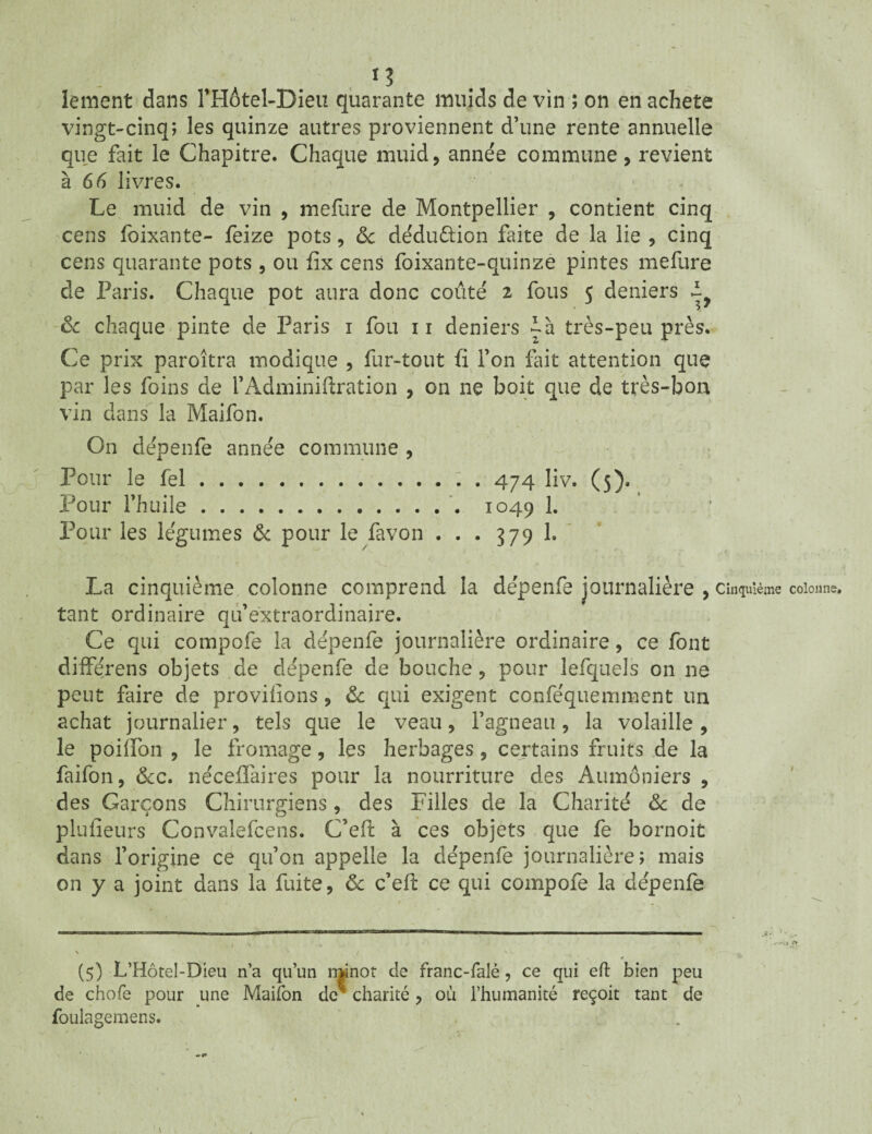 ï? lement dans ITIôtel-Dieu quarante inuids de vin ; on en acheté vingt-cinq; les quinze autres proviennent d’une rente annuelle que fait le Chapitre. Chaque muid, année commune, revient à 66 livres. Le muid de vin , mefiire de Montpellier , contient cinq cens foixante- feize pots, & déduûion faite de la lie , cinq cens quarante pots , ou fix cens foixante-quinze pintes mefure de Paris. Chaque pot aura donc coûte' 2 fous 5 deniers 4, & chaque pinte de Paris 1 fou 11 deniers très-peu près. Ce prix paroîtra modique , fur-tout fi l’on fait attention que par les foins de l’Adminiftration , on ne boit que de très-bon vin dans la Maifon. On dépenfe anne'e commune , Pour le fel.474 liv. (5). Pour l’huile. 1049 1. Pour les légumes & pour le favon ... 379 h —' * • • • / •. La cinquième colonne comprend la dépenfe journalière , cinquième colonne, tant ordinaire qu’extraordinaire. Ce qui compofe la dépenfe journalière ordinaire, ce font diffe'rens objets de dépenfe de bouche, pour lefquels on ne peut faire de provisions, & qui exigent conféquemment un achat journalier, tels que le veau, l’agneau, la volaille, le poiiïbn , le fromage, les herbages, certains fruits de la faifon, &c. néceflaires pour la nourriture des Aumôniers , des Garçons Chirurgiens, des Filles de la Charité & de plusieurs Convalefcens. C’eft à ces objets que fe bornoit dans l’origine ce qu’on appelle la dépenfe journalière; mais on y a joint dans la fuite, & c’eft ce qui compofe la dépenfe X ■ t X • -4 . . ' . 1 \ * (5) L’Hôtel-Dieu n’a qu’un n*inot de franc-falè, ce qui eft bien peu de chofe pour une Maifon de^ charité, où l’humanité reçoit tant de foulagemens.