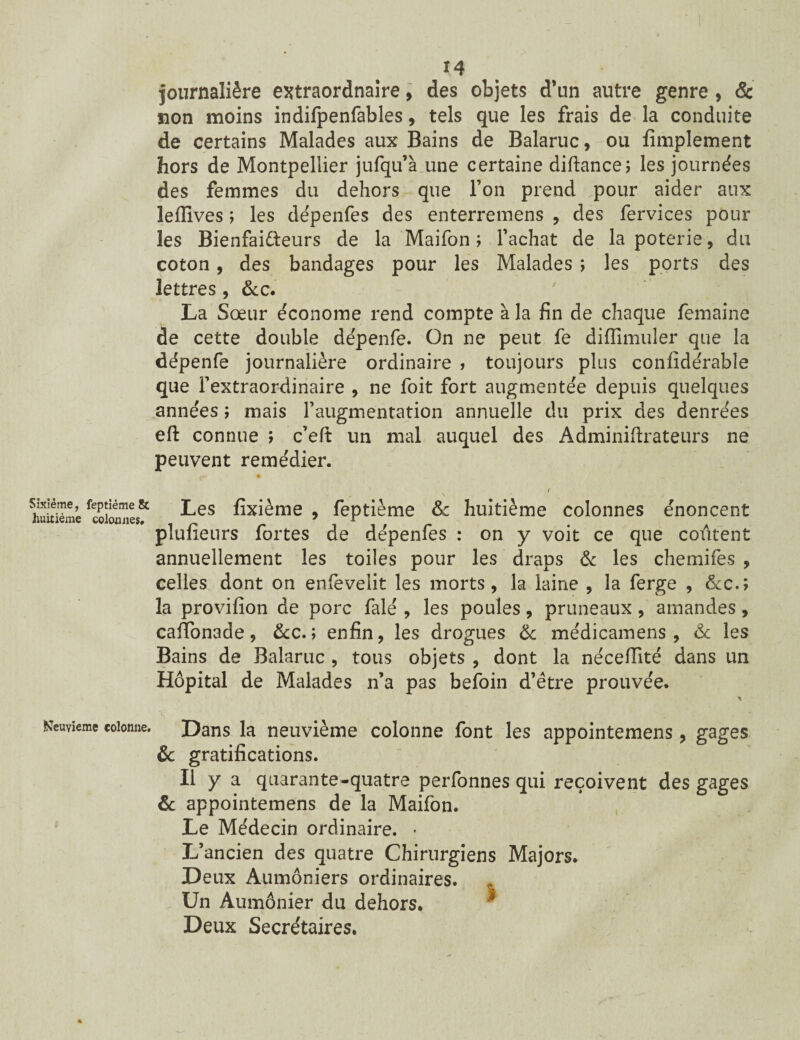 Sixième, feptiéme & huitième coiounes* Neuvième colonne. H journalière extraordinaire, des objets d’un autre genre , & non moins indifpenfables, tels que les frais de la conduite de certains Malades aux Bains de Balaruc, ou Amplement hors de Montpellier jufqu’à une certaine diftance; les journées des femmes du dehors que l’on prend pour aider aux leflives ; les dépenfes des enterremens , des fervices pour les Bienfaiteurs de la Maifon ; l’achat de la poterie, du coton, des bandages pour les Malades ; les ports des lettres, &c. La Sœur économe rend compte à la fin de chaque femaine de cette double dépenfe. On ne peut fe diffimuler que la dépenfe journalière ordinaire , toujours plus confidérable que l’extraordinaire , ne foit fort augmentée depuis quelques années ; mais l’augmentation annuelle du prix des denrées eft connue ; c’eft un mal auquel des Adminiftrateurs ne peuvent remédier. c- ♦ r Les fixième , feptiéme & huitième colonnes énoncent plufieurs fortes de dépenfes : on y voit ce que coûtent annuellement les toiles pour les draps & les chemifes , celles dont on enfevelit les morts, la laine , la ferge , &c.; la provifion de porc falé , les poules, pruneaux, amandes, caiTonade, &c.; enfin, les drogues & médicamens , &c les Bains de Balaruc , tous objets , dont la nécefiité dans un Hôpital de Malades n’a pas befoin d’être prouvée. \ Dans la neuvième colonne font les appointemens , gages & gratifications. Il y a quarante-quatre perfonnes qui reçoivent des gages & appointemens de la Maifon. Le Médecin ordinaire. * L’ancien des quatre Chirurgiens Majors. Deux Aumôniers ordinaires. Un Aumônier du dehors. * Deux Secrétaires.