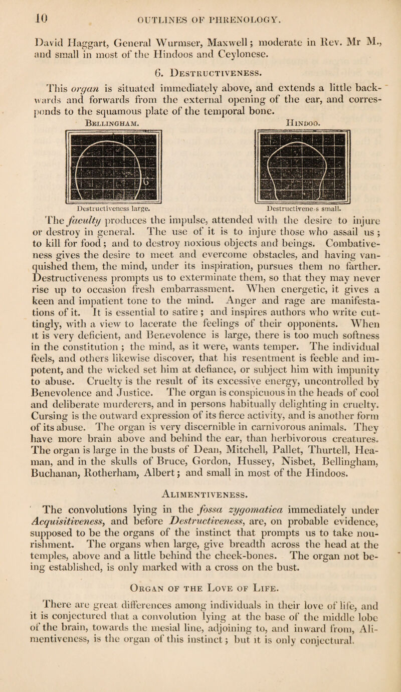 David Haggart, General Wurmser, Maxwell; moderate in llev. Mr M., and small in most of the Hindoos and Ceylonese. 6. Destructiveness. This organ is situated immediately above, and extends a little back¬ wards and forwards from the external opening of the ear, and corres¬ ponds to the squamous plate of the temporal bone. Bellingham. Hindoo. Destructiveness large. Destructiveness small. The faculty produces the impulse, attended with the desire to injure or destroy in general. The use of it is to injure those who assail us ; to kill for food; and to destroy noxious objects and beings. Combative¬ ness gives the desire to meet and evercome obstacles, and having van¬ quished them, the mind, under its inspiration, pursues them no farther. Destructiveness prompts us to exterminate them, so that they may never rise up to occasion fresh embarrassment. When energetic, it gives a keen and impatient tone to the mind. Anger and rage are manifesta¬ tions of it. It is essential to satire ; and inspires authors who write cut¬ tingly, with a view to lacerate the feelings of their opponents. When it is very deficient, and Benevolence is large, there is too much softness in the constitution ; the mind, as it were, wants temper. The individual feels, and others likewise discover, that his resentment is feeble and im¬ potent, and the wicked set him at defiance, or subject him with impunity to abuse. Cruelty is the result of its excessive energy, uncontrolled by Benevolence and Justice. The organ is conspicuous in the heads of cool and deliberate murderers, and in persons habitually delighting in cruelty. Cursing is the outward expression of its fierce activity, and is another form of its abuse. The organ is very discernible in carnivorous animals. They have more brain above and behind the ear, than herbivorous creatures. The organ is large in the busts of Dean, Mitchell, Pallet, Thurtell, Hea- man, and in the skulls of Bruce, Gordon, Hussey, Nisbet, Bellingham, Buchanan, Rotherham, Albert; and small in most of the Hindoos. Alimentiveness. The convolutions lying in the fossa zygomatica immediately under Acquisitiveness, and before Destructiveness, are, on probable evidence, supposed to be the organs of the instinct that prompts us to take nou¬ rishment. The organs when large, give breadth across the head at the temples, above and a little behind the cheek-bones. The organ not be¬ ing established, is only marked with a cross on the bust. Organ of the Love of Life. There are great differences among individuals in their love of life, and it is conjectured that a convolution lying at the base of the middle lobe of the brain, towards the mesial line, adjoining to, and inward from, Ali¬ mentiveness, is the organ of this instinct; but it is only conjectural.